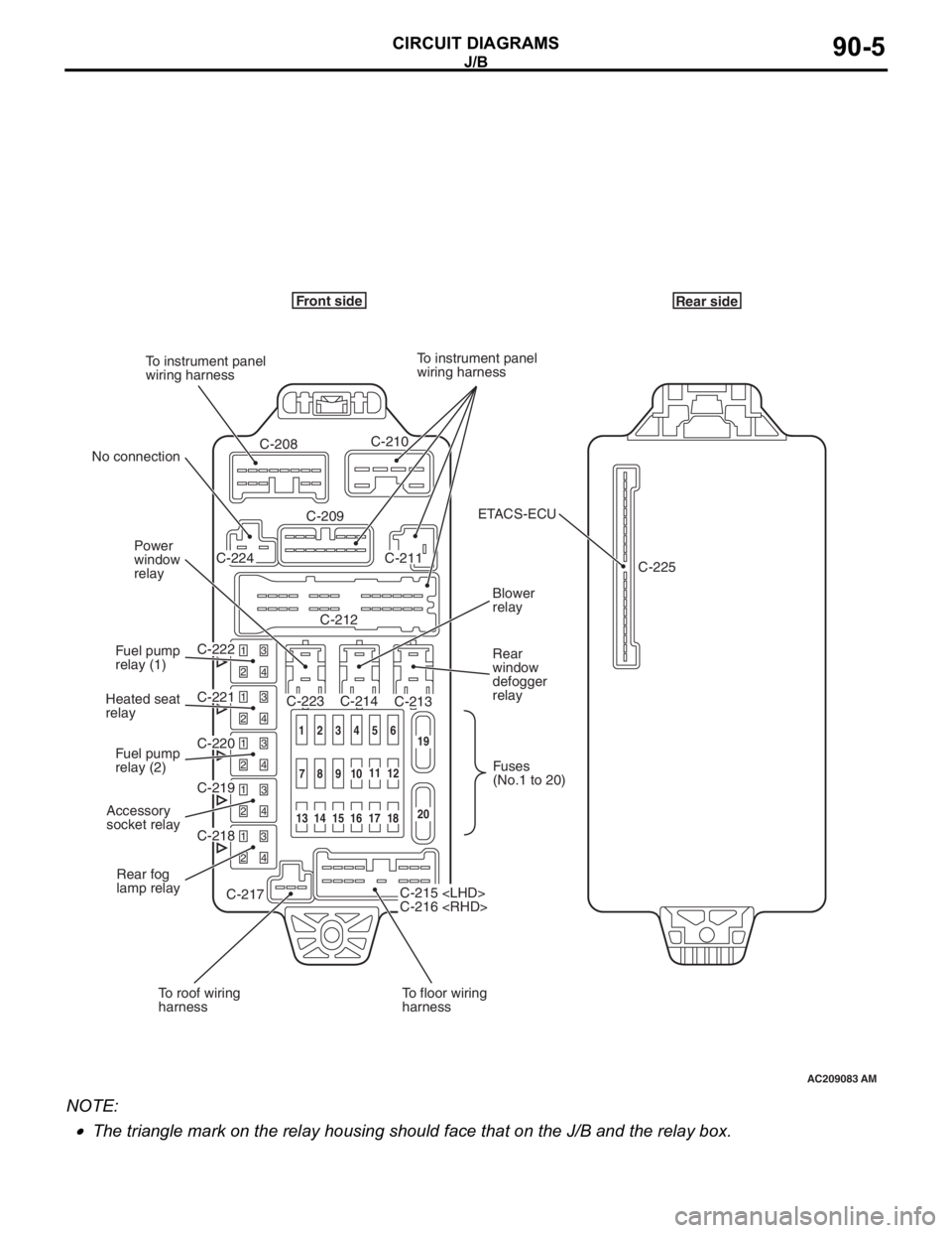 MITSUBISHI LANCER 2006 Owners Guide J/B
CIRCUIT DIAGRAMS90-5
NOTE: .
•The triangle mark on the relay housing should face that on the J/B and the relay box.
AC209083
Front side
C-208
C-222C-224
C-220C-221
C-219
C-217 C-218C-212C-211 C- MITSUBISHI LANCER 2006 Owners Guide J/B
CIRCUIT DIAGRAMS90-5
NOTE: .
•The triangle mark on the relay housing should face that on the J/B and the relay box.
AC209083
Front side
C-208
C-222C-224
C-220C-221
C-219
C-217 C-218C-212C-211 C-