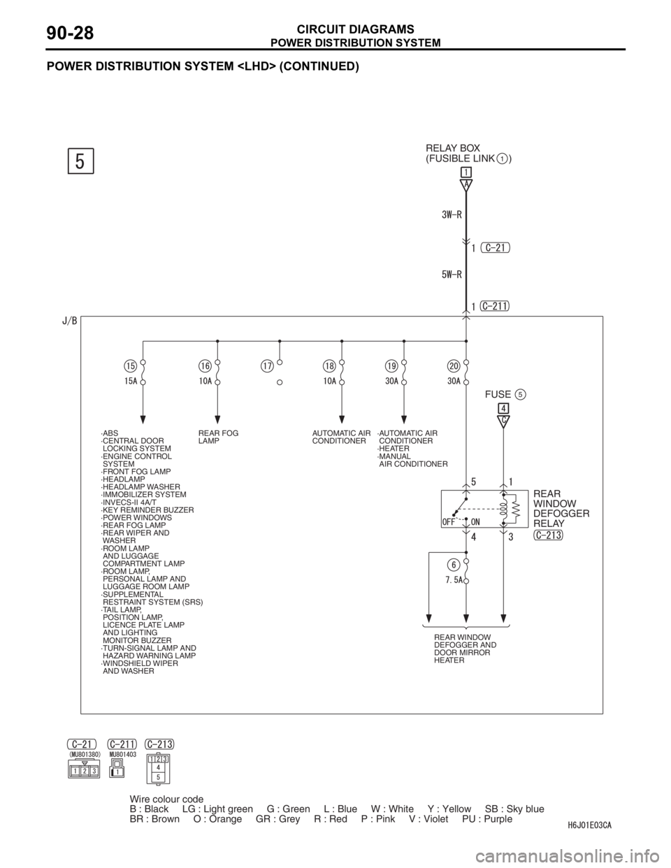 MITSUBISHI LANCER 2006 Owners Guide POWER DISTRIBUTION SYSTEM
CIRCUIT DIAGRAMS90-28
POWER DISTRIBUTION SYSTEM <LHD> (CONTINUED)
REAR
WINDOW
DEFOGGER
RELAY
REAR FOG
LAMP·AUTOMATIC AIR
CONDITIONER
·HEATER
·MANUAL
AIR CONDITIONER MITSUBISHI LANCER 2006 Owners Guide POWER DISTRIBUTION SYSTEM
CIRCUIT DIAGRAMS90-28
POWER DISTRIBUTION SYSTEM <LHD> (CONTINUED)
REAR
WINDOW
DEFOGGER
RELAY
REAR FOG
LAMP·AUTOMATIC AIR
CONDITIONER
·HEATER
·MANUAL
AIR CONDITIONER