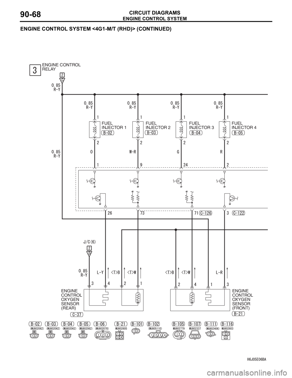 MITSUBISHI LANCER 2006 Manual PDF ENGINE CONTROL SYSTEM
CIRCUIT DIAGRAMS90-68
ENGINE CONTROL SYSTEM <4G1-M/T (RHD)> (CONTINUED)
ENGINE CONTROL 
RELAY
FUEL
INJECTOR 1FUEL
INJECTOR 2FUEL
INJECTOR 3FUEL
INJECTOR 4
ENGINE 
CONTROL 
OXYGEN