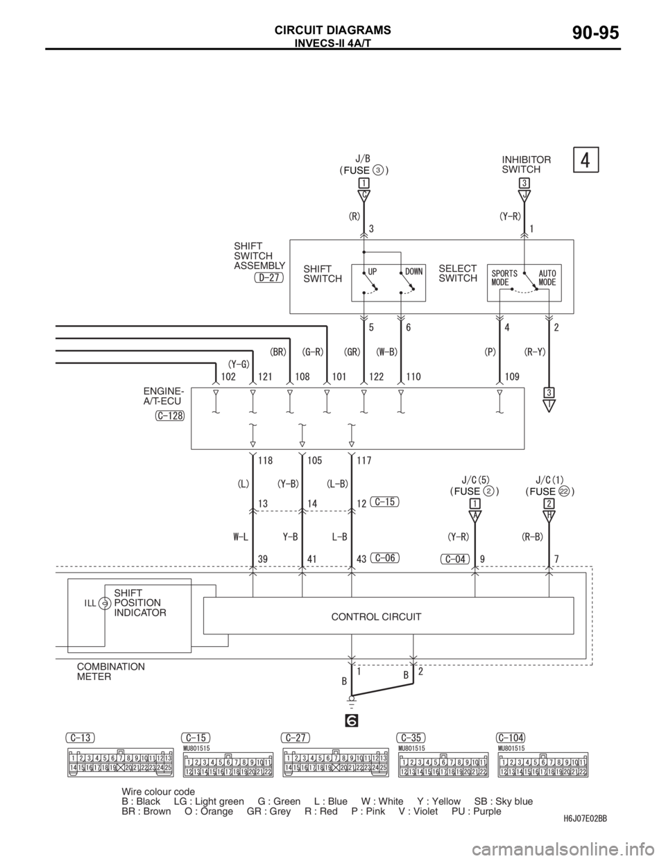 MITSUBISHI LANCER 2006 Owners Manual INVECS-II 4A/T
CIRCUIT DIAGRAMS90-95
ENGINE-
A/T-ECUFUSE
3()
SHIFT 
SWITCH 
ASSEMBLYINHIBITOR 
SWITCH
SELECT 
SWITCH SHIFT 
SWITCH
FUSE
2()
FUSE22()
CONTROL CIRCUIT
COMBINATION 
METERSHIFT 
POSITION 
