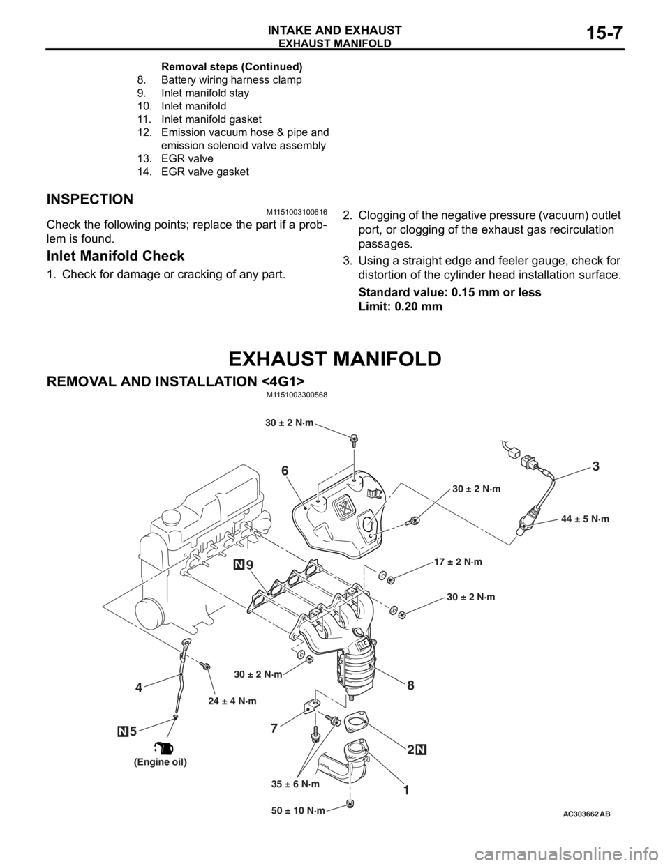 MITSUBISHI LANCER 2006 Repair Manual
EXHAUST MANIFOLD
INTAKE AND EXHAUST15-7
INSPECTION
M1151003100616
Check the following points; replace the part if a prob-
lem is found.
Inlet Manifold Check
1. Check for damage or cracking of any par MITSUBISHI LANCER 2006 Repair Manual
EXHAUST MANIFOLD
INTAKE AND EXHAUST15-7
INSPECTION
M1151003100616
Check the following points; replace the part if a prob-
lem is found.
Inlet Manifold Check
1. Check for damage or cracking of any par