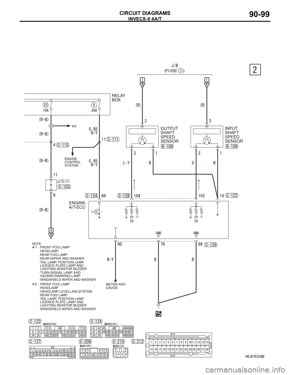 MITSUBISHI LANCER 2006 Service Manual INVECS-II 4A/T
CIRCUIT DIAGRAMS90-99
ENGINE 
CONTROL 
SYSTEM
METER AND 
GAUGE
(FUSE     )3 
RELAY 
BOX
OUTPUT 
SHAFT 
SPEED 
SENSORINPUT 
SHAFT 
SPEED 
SENSOR
ENGINE-
A/T-ECU
NOTE
:
:·TAIL LAMP, POSI