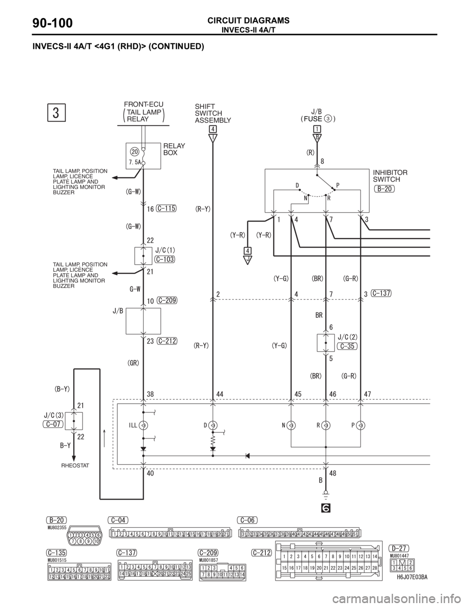 MITSUBISHI LANCER 2006 Owners Manual INVECS-II 4A/T
CIRCUIT DIAGRAMS90-100
INVECS-II 4A/T <4G1 (RHD)> (CONTINUED)
FUSE3() SHIFT 
SWITCH 
ASSEMBLY TAIL LAMP 
RELAY
RHEOSTAT
INHIBITOR 
SWITCH FRONT-ECUTAIL LAMP, POSITION 
LAMP, LICENCE 
PL