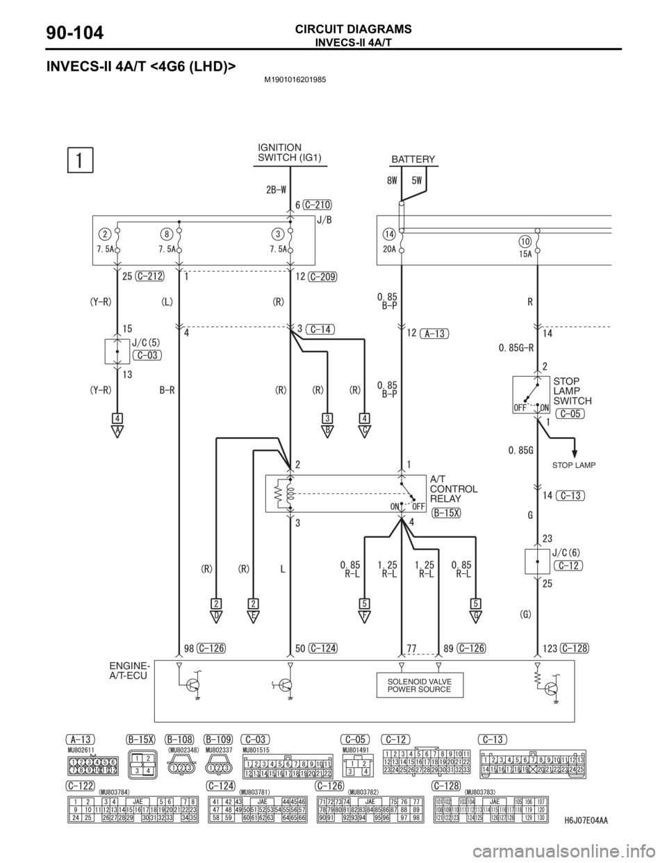 MITSUBISHI LANCER 2006 Owners Manual INVECS-II 4A/T
CIRCUIT DIAGRAMS90-104
INVECS-II 4A/T <4G6 (LHD)>
M1901016201985
IGNITION 
SWITCH (IG1)
BATTERY
A/T 
CONTROL 
RELAYSTOP 
LAMP 
SWITCH
ENGINE-
A/T-ECU
SOLENOID VALVE 
POWER SOURCESTOP LA