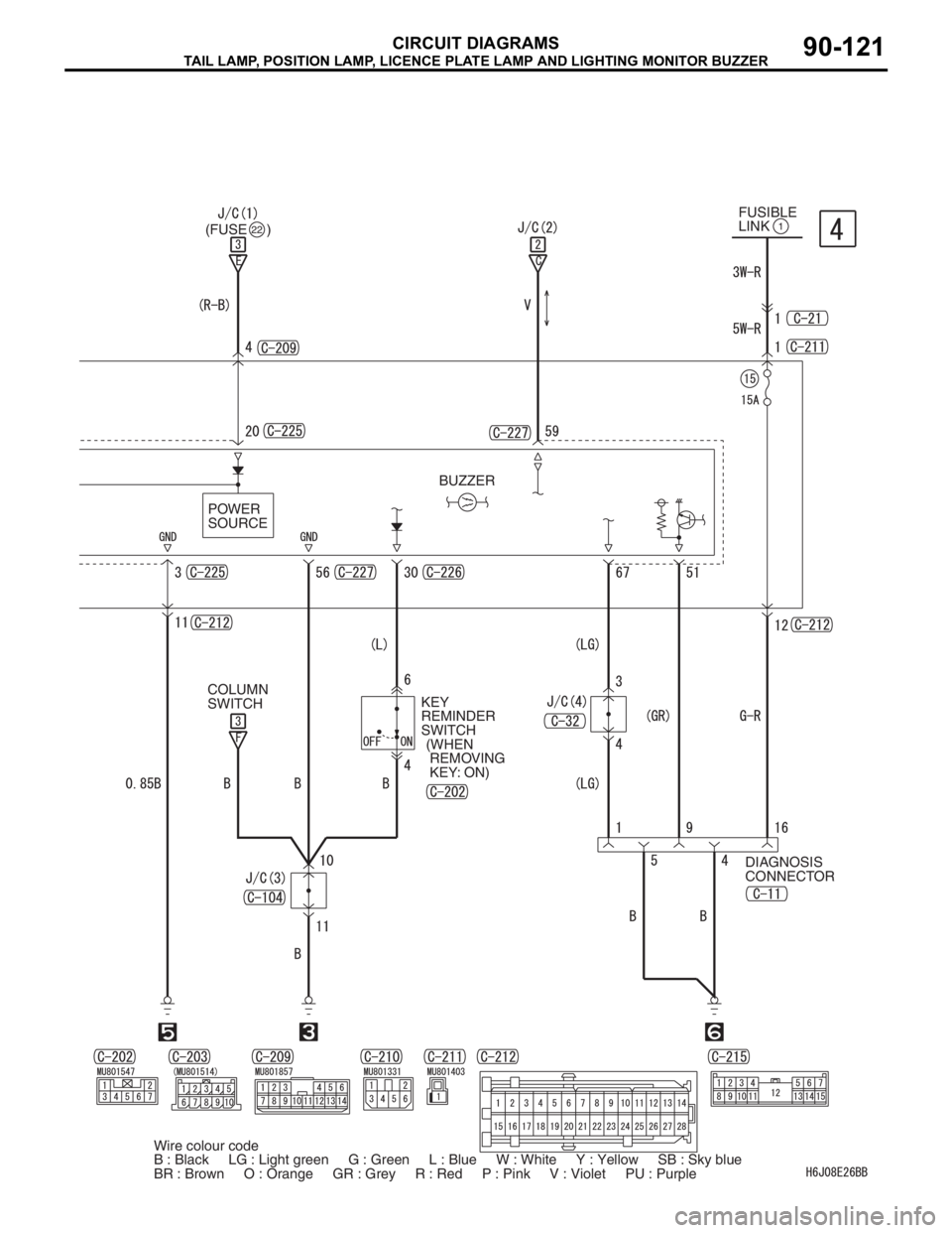 MITSUBISHI LANCER 2006 Owners Manual TAIL LAMP, POSITION LAMP, LICENCE PLATE LAMP AND LIGHTING MONITOR BUZZER
CIRCUIT DIAGRAMS90-121
1FUSIBLE
LINK
DIAGNOSIS
CONNECTOR POWER
SOURCEBUZZER
COLUMN
SWITCHKEY
REMINDER
SWITCH
(WHEN
REMOV MITSUBISHI LANCER 2006 Owners Manual TAIL LAMP, POSITION LAMP, LICENCE PLATE LAMP AND LIGHTING MONITOR BUZZER
CIRCUIT DIAGRAMS90-121
1FUSIBLE
LINK
DIAGNOSIS
CONNECTOR POWER
SOURCEBUZZER
COLUMN
SWITCHKEY
REMINDER
SWITCH
(WHEN
REMOV