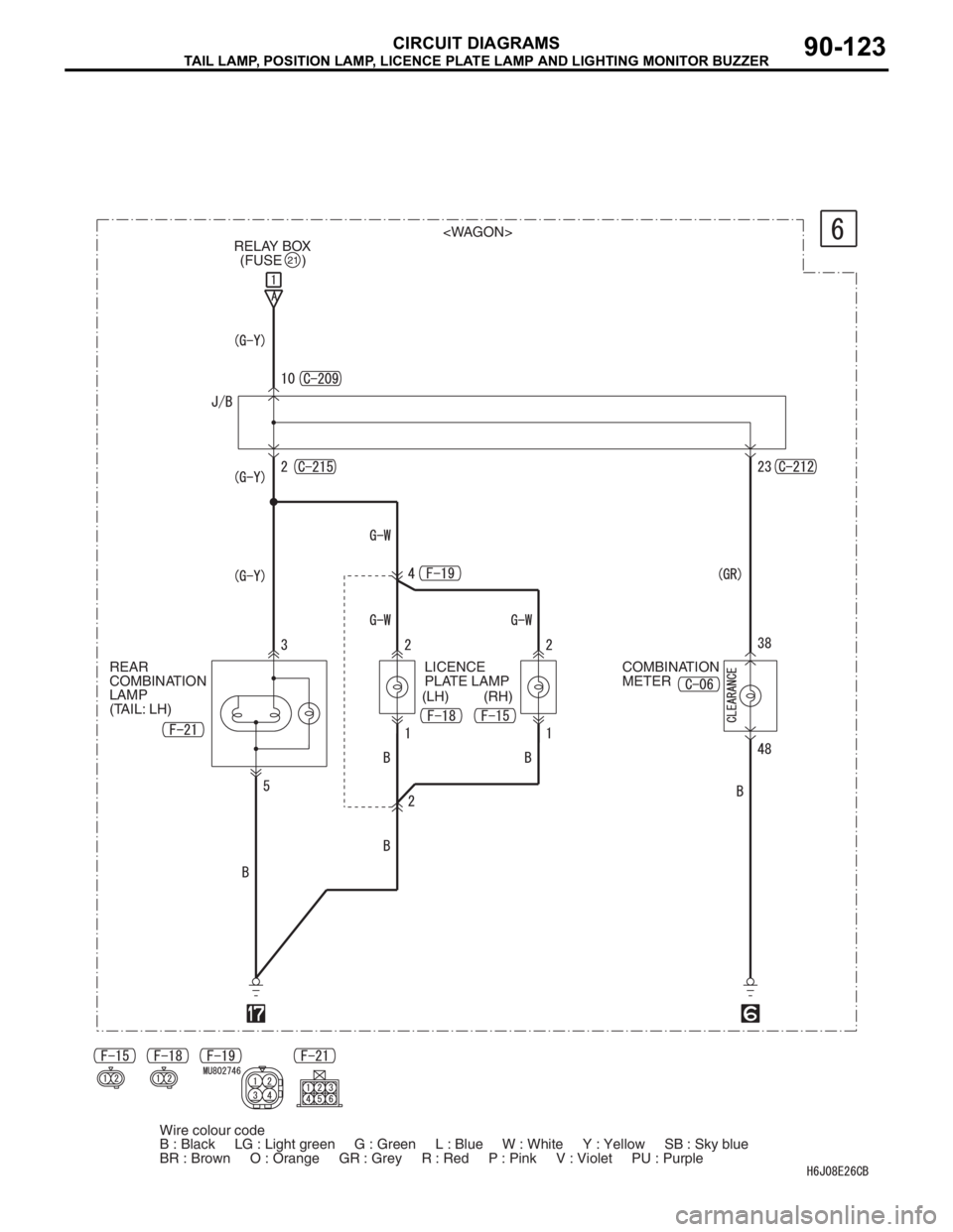 MITSUBISHI LANCER 2006  Workshop Manual TAIL LAMP, POSITION LAMP, LICENCE PLATE LAMP AND LIGHTING MONITOR BUZZER
CIRCUIT DIAGRAMS90-123
RELAY BOX<WAGON>
REAR 
COMBINATION 
LAMP 
(TAIL: LH)LICENCE 
PLATE LAMP
(LH) (RH)COMBINATION 
METER (FUS