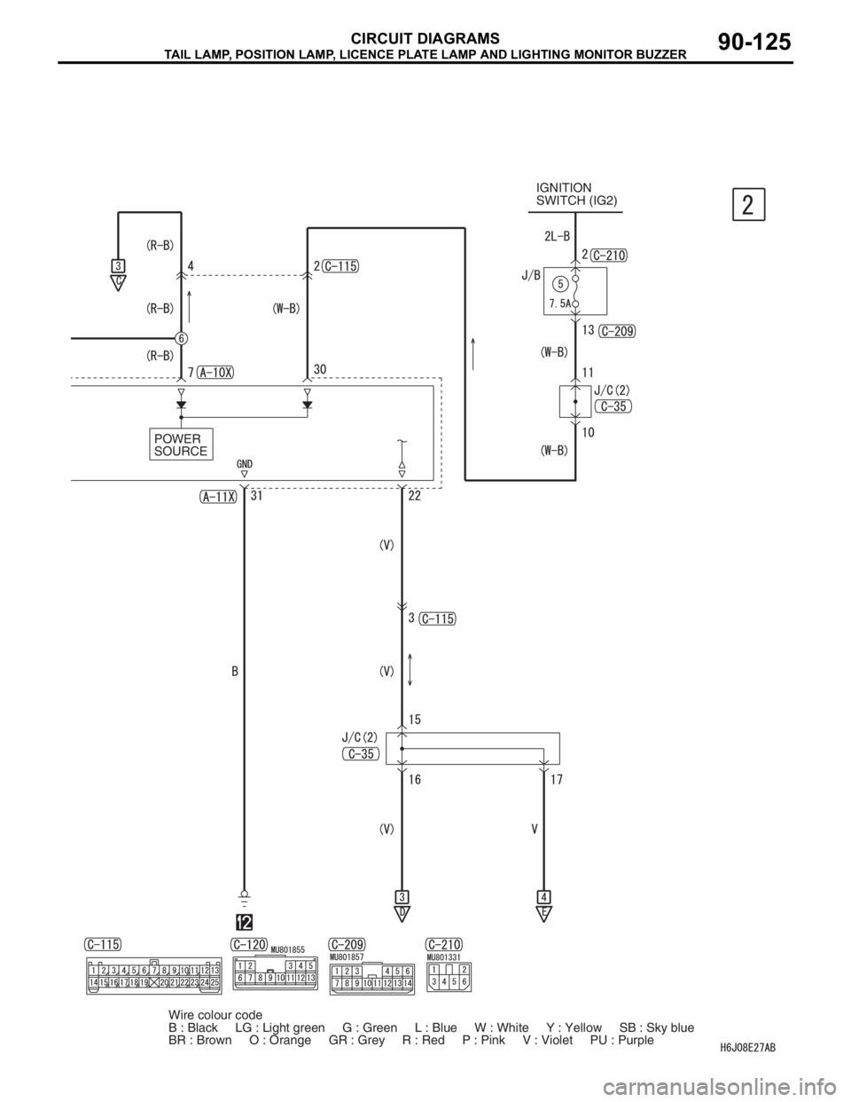 MITSUBISHI LANCER 2006  Workshop Manual TAIL LAMP, POSITION LAMP, LICENCE PLATE LAMP AND LIGHTING MONITOR BUZZER
CIRCUIT DIAGRAMS90-125
POWER 
SOURCEIGNITION 
SWITCH (IG2)
Wire colour code
B : Black     LG : Light green     G : Green     L 