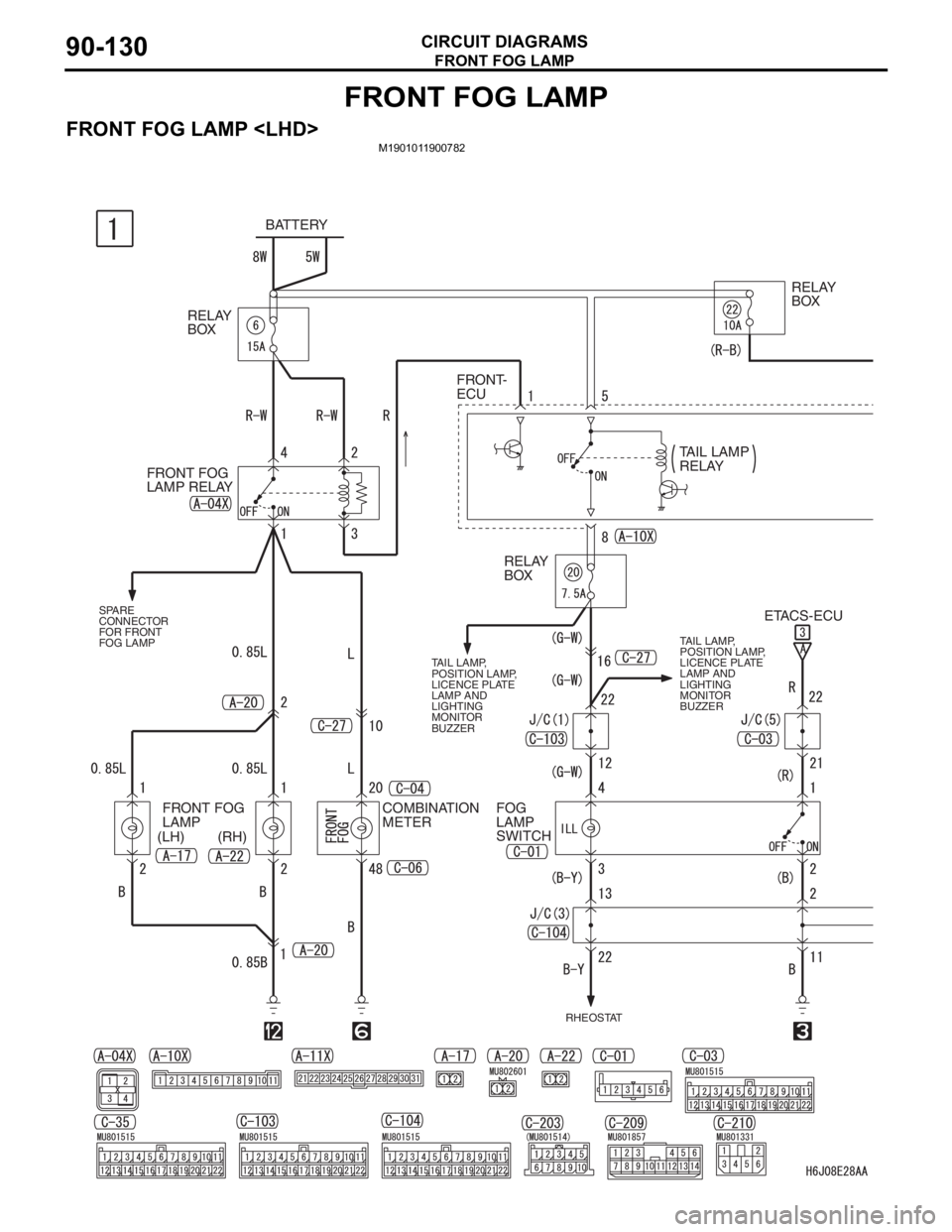 MITSUBISHI LANCER 2006  Workshop Manual FRONT FOG LAMP
CIRCUIT DIAGRAMS90-130
FRONT FOG LAMP
FRONT FOG LAMP <LHD>M1901011900782
BATTERY
RELAY 
BOX
FRONT FOG 
LAMP RELAYRELAY 
BOX
ETACS-ECU RELAY 
BOX
FRONT FOG 
LAMP
(LH) (RH)COMBINATION 
ME