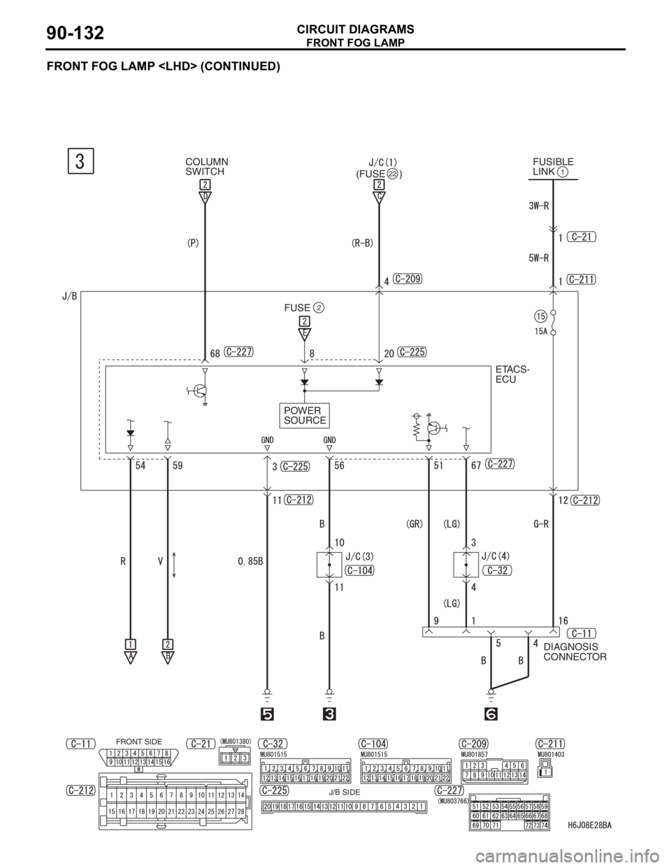 MITSUBISHI LANCER 2006 Service Manual FRONT FOG LAMP
CIRCUIT DIAGRAMS90-132
FRONT FOG LAMP <LHD> (CONTINUED)
FUSE2
FUSIBLE 
LINK1
ETACS- 
ECU
POWER 
SOURCE
DIAGNOSIS 
CONNECTOR
FRONT SIDE
J/B SIDE
COLUMN 
SWITCH
(FUSE     )
22 