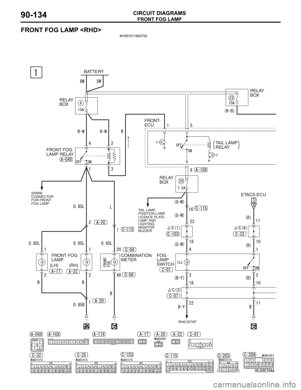 MITSUBISHI LANCER 2006  Workshop Manual FRONT FOG LAMP
CIRCUIT DIAGRAMS90-134
FRONT FOG LAMP <RHD>
M1901011900793
BATTERY
RELAY 
BOX
FRONT FOG 
LAMP RELAYRELAY 
BOX
ETACS-ECU RELAY 
BOX
FRONT FOG 
LAMP
(LH) (RH)COMBINATION 
METERFOG 
LAMP 
