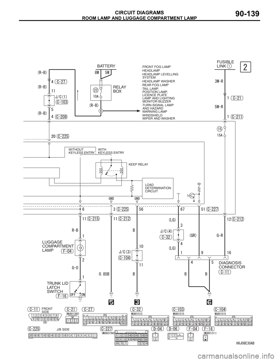 MITSUBISHI LANCER 2006  Workshop Manual ROOM LAMP AND LUGGAGE COMPARTMENT LAMP
CIRCUIT DIAGRAMS90-139
RELAY 
BOX BATTERY
1FUSIBLE 
LINK
·FRONT FOG LAMP
·HEADLAMP
·TAIL LAMP,
 POSITION LAMP,
 LICENCE PLATE
 LAMP AND LIGHTING
 MONITOR BUZZ
