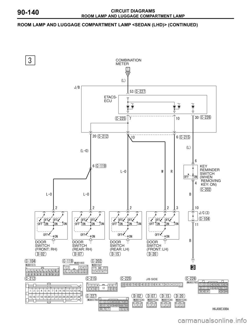 MITSUBISHI LANCER 2006 Owners Guide ROOM LAMP AND LUGGAGE COMPARTMENT LAMP
CIRCUIT DIAGRAMS90-140
ROOM LAMP AND LUGGAGE COMPARTMENT LAMP <SEDAN (LHD)> (CONTINUED)
COMBINATION 
METER
KEY 
REMINDER 
SWITCH
(WHEN
 REMOVING
 KEY: ON) ETACS-