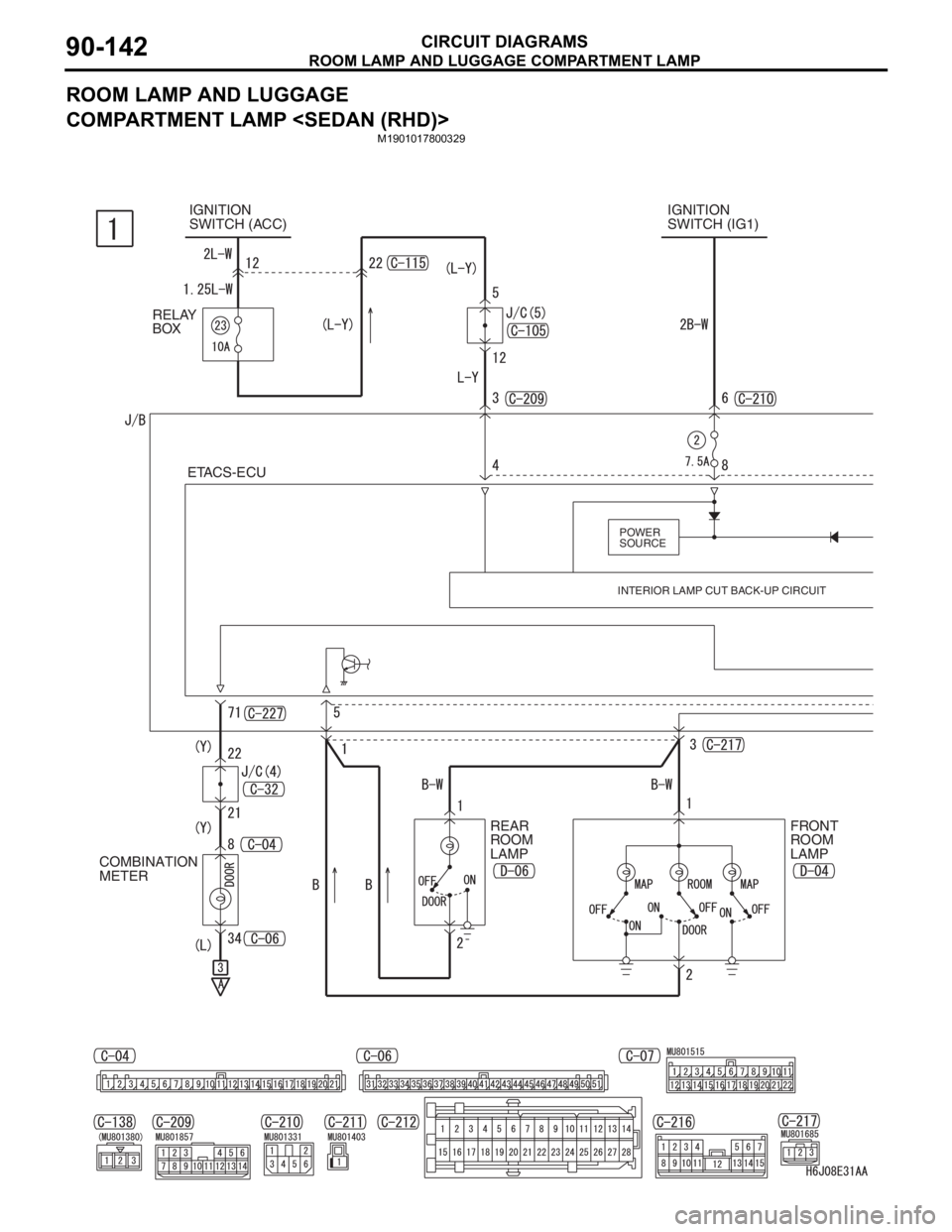 MITSUBISHI LANCER 2006  Workshop Manual ROOM LAMP AND LUGGAGE COMPARTMENT LAMP
CIRCUIT DIAGRAMS90-142
ROOM LAMP AND LUGGAGE 
COMPARTMENT LAMP <SEDAN (RHD)>
M1901017800329
IGNITION 
SWITCH (ACC)IGNITION 
SWITCH (IG1)
COMBINATION 
METERRELAY 