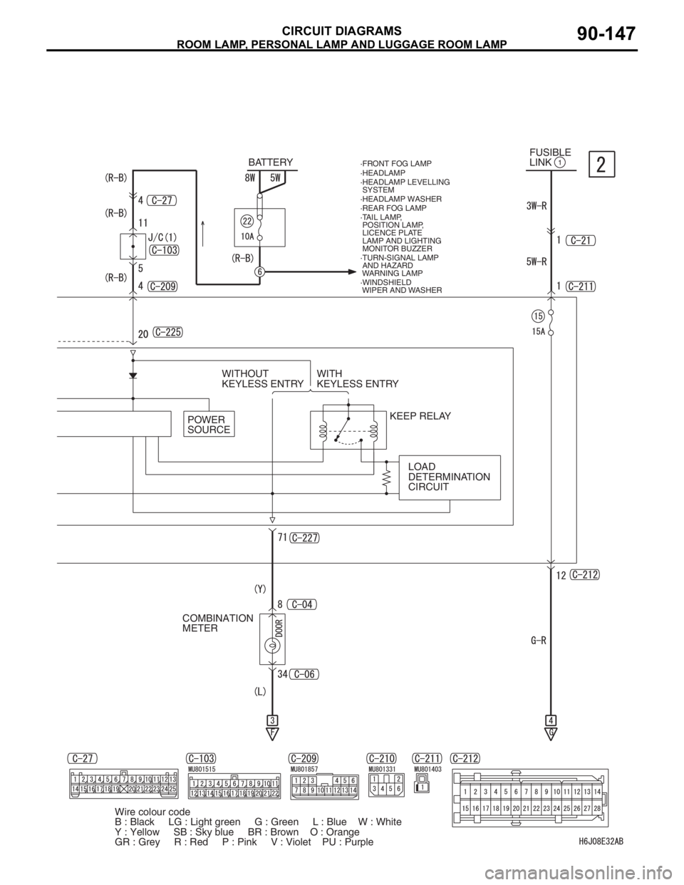 MITSUBISHI LANCER 2006  Workshop Manual ROOM LAMP, PERSONAL LAMP AND LUGGAGE ROOM LAMP
CIRCUIT DIAGRAMS90-147
BATTERY1FUSIBLE 
LINK
POWER 
SOURCEWITHOUT
KEYLESS ENTRYWITH 
KEYLESS ENTRY
LOAD 
DETERMINATION 
CIRCUIT KEEP RELAY·FRONT FOG LAM