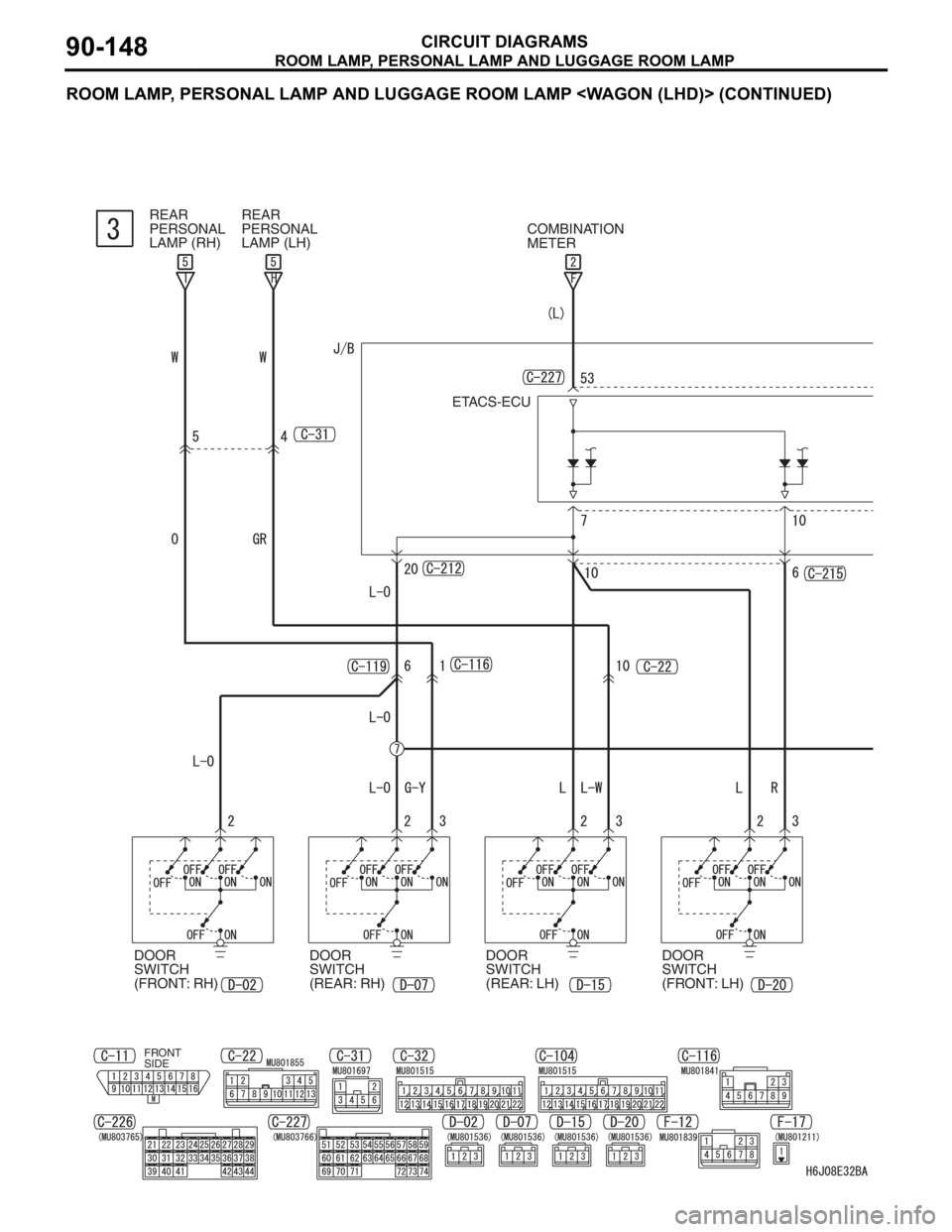 MITSUBISHI LANCER 2006  Workshop Manual ROOM LAMP, PERSONAL LAMP AND LUGGAGE ROOM LAMP
CIRCUIT DIAGRAMS90-148
ROOM LAMP, PERSONAL LAMP AND LUGGAGE ROOM LAMP <WAGON (LHD)> (CONTINUED)
FRONT 
SIDE
COMBINATION 
METER
ETACS-ECU
DOOR 
SWITCH 
(F