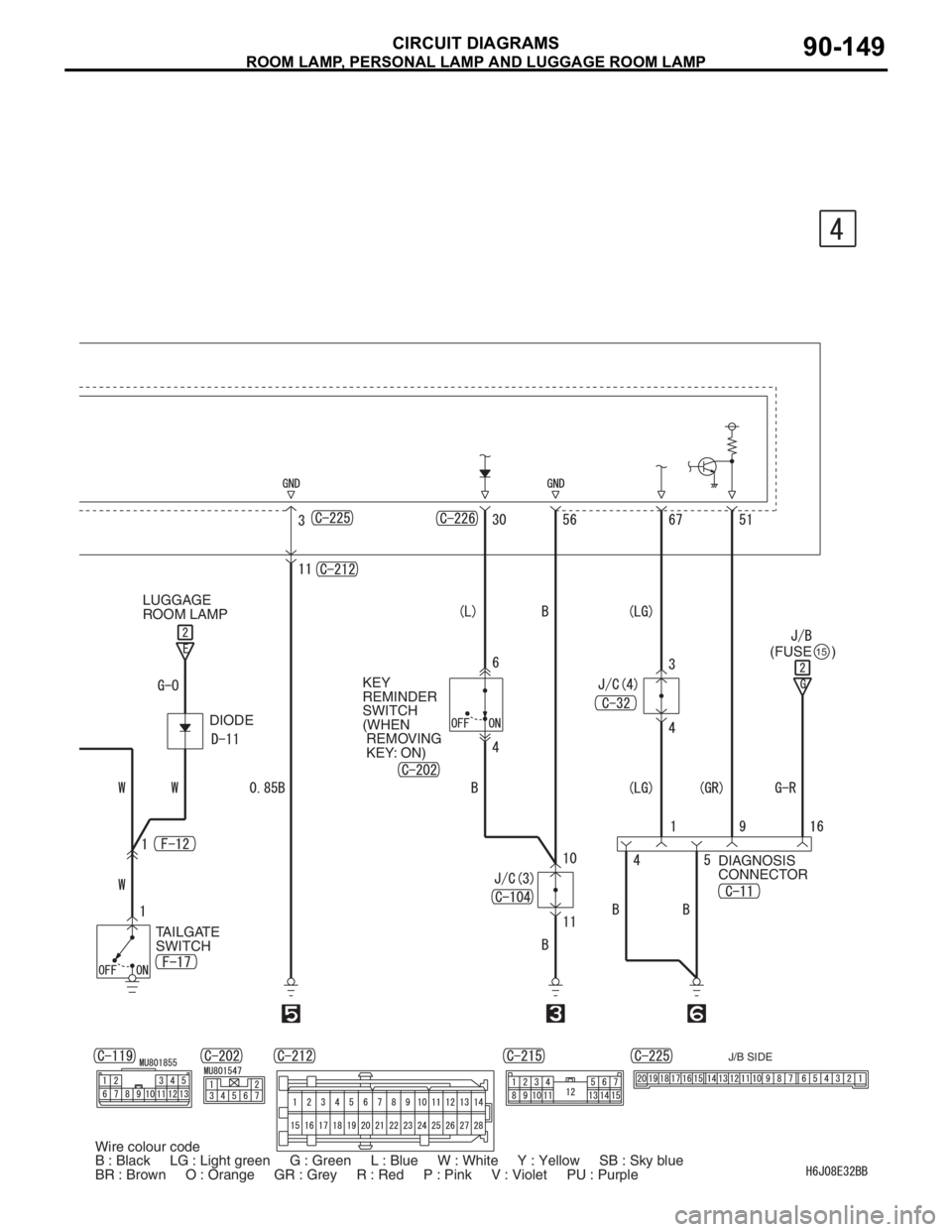MITSUBISHI LANCER 2006 Owners Guide ROOM LAMP, PERSONAL LAMP AND LUGGAGE ROOM LAMP
CIRCUIT DIAGRAMS90-149
(FUSE     )15
KEY 
REMINDER 
SWITCH 
(WHEN
 REMOVING
 KEY: ON)
TAILGATE 
SWITCH
J/B SIDE
LUGGAGE 
ROOM LAMP
DIAGNOSIS 
CONNECTOR D