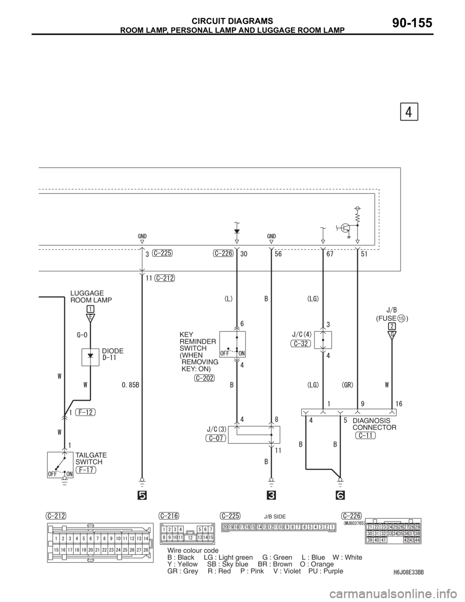 MITSUBISHI LANCER 2006 Owners Guide ROOM LAMP, PERSONAL LAMP AND LUGGAGE ROOM LAMP
CIRCUIT DIAGRAMS90-155
(FUSE     )15
KEY 
REMINDER 
SWITCH 
(WHEN
 REMOVING
 KEY: ON)
TAILGATE 
SWITCH
J/B SIDE
DIODE LUGGAGE 
ROOM LAMP
DIAGNOSIS 
CONNE