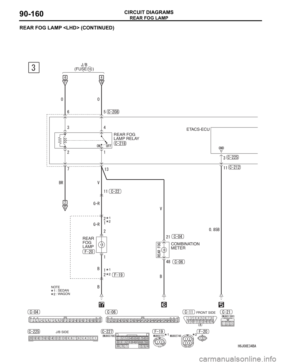 MITSUBISHI LANCER 2006  Workshop Manual REAR FOG LAMP
CIRCUIT DIAGRAMS90-160
REAR FOG LAMP <LHD> (CONTINUED)
REAR FOG 
LAMP RELAY (FUSE     )
16 
ETACS-ECU
COMBINATION 
METER REAR 
FOG 
LAMP
FRONT SIDE
J/B SIDE
NOTE: SEDAN
: WAGON 