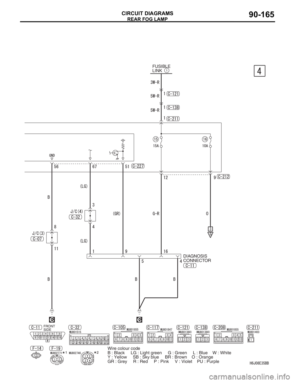 MITSUBISHI LANCER 2006  Workshop Manual REAR FOG LAMP
CIRCUIT DIAGRAMS90-165
FUSIBLE 
LINK1 
DIAGNOSIS 
CONNECTOR
FRONT 
SIDE
Wire colour code
B : Black     LG : Light green     G : Green     L : Blue    W : White    
Y : Yellow     SB : Sk