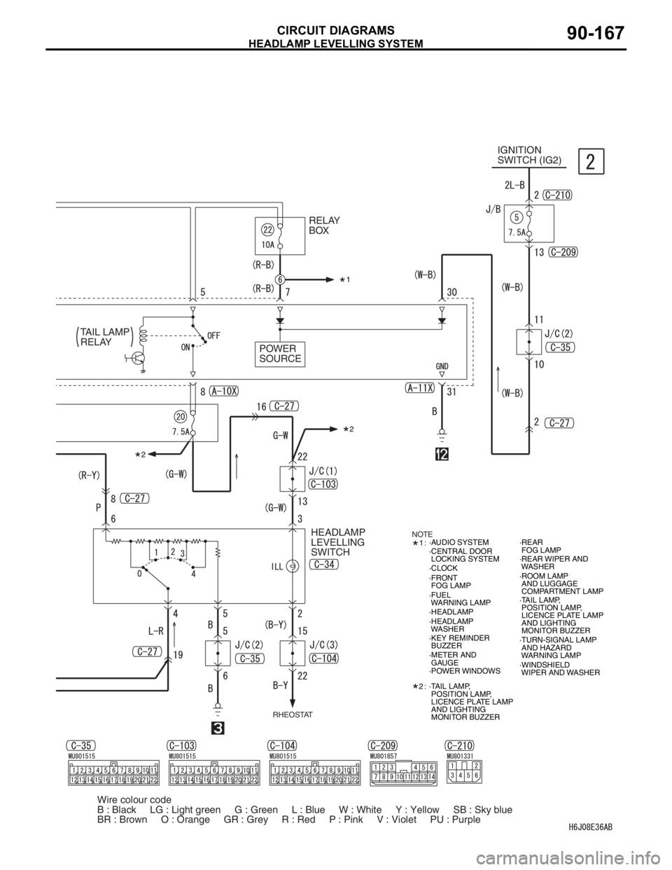 MITSUBISHI LANCER 2006  Workshop Manual HEADLAMP LEVELLING SYSTEM
CIRCUIT DIAGRAMS90-167
RELAY 
BOXIGNITION 
SWITCH (IG2)
HEADLAMP 
LEVELLING 
SWITCH
RHEOSTAT·AUDIO SYSTEM
·CENTRAL DOOR
 LOCKING SYSTEM
·CLOCK
·FRONT
 FOG LAMP
·FUEL
 WA