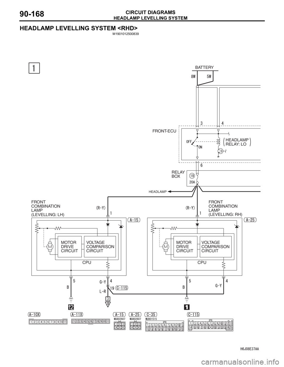 MITSUBISHI LANCER 2006  Workshop Manual HEADLAMP LEVELLING SYSTEM
CIRCUIT DIAGRAMS90-168
HEADLAMP LEVELLING SYSTEM <RHD>
M1901012500839
BATTERY
FRONT-ECU
HEADLAMP 
RELAY: LO
RELAY 
BOX
HEADLAMP
FRONT 
COMBINATION 
LAMP
(LEVELLING: LH)FRONT 