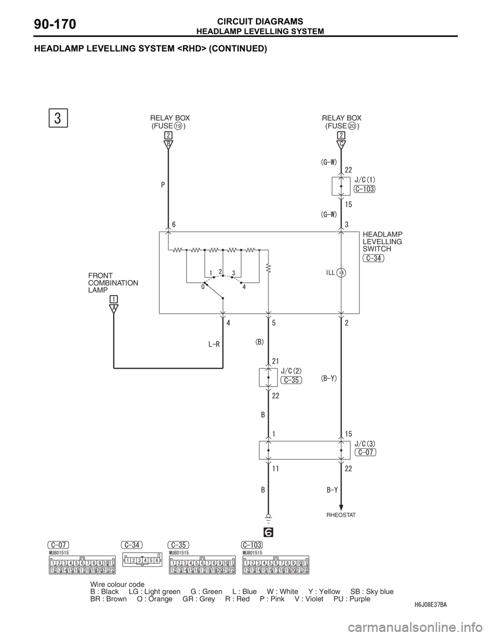 MITSUBISHI LANCER 2006 Repair Manual HEADLAMP LEVELLING SYSTEM
CIRCUIT DIAGRAMS90-170
HEADLAMP LEVELLING SYSTEM <RHD> (CONTINUED)
RELAY BOX
(FUSE     )1920(FUSE     )
HEADLAMP 
LEVELLING 
SWITCH
FRONT 
COMBINATION 
LAMP
RHEOSTAT
Wire col