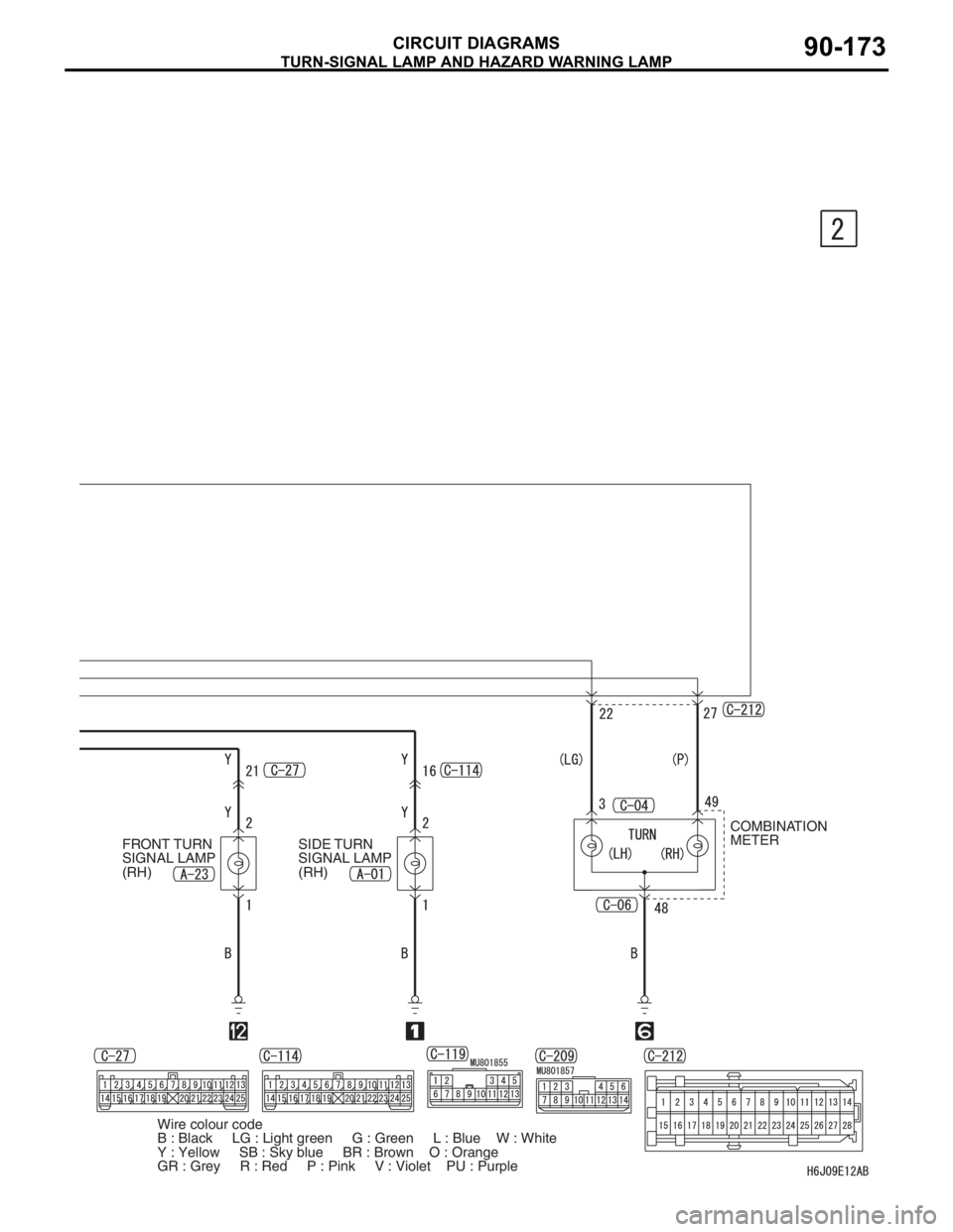 MITSUBISHI LANCER 2006 Service Manual TURN-SIGNAL LAMP AND HAZARD WARNING LAMP
CIRCUIT DIAGRAMS90-173
FRONT TURN 
SIGNAL LAMP 
(RH)SIDE TURN 
SIGNAL LAMP 
(RH)COMBINATION 
METER
Wire colour code
B : Black     LG : Light green     G : Gree