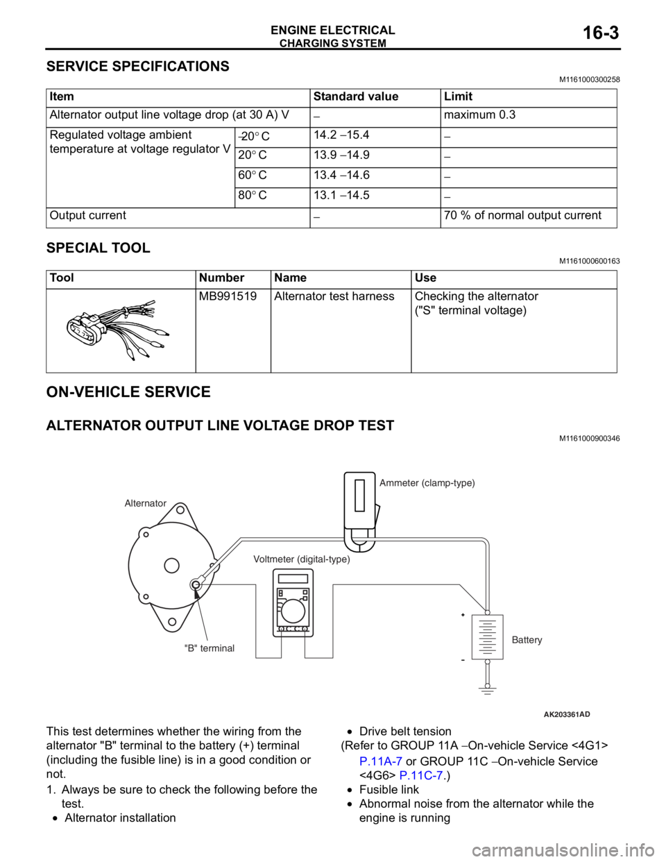 MITSUBISHI LANCER 2006  Workshop Manual 
CHARGING SYSTEM
ENGINE ELECTRICAL16-3
SERVICE SPECIFICATIONS
M1161000300258
ItemStandard valueLimit
Alternator output line voltage drop (at 30 A) V−maximum 0.3
Regulated voltage ambient 
temperatur