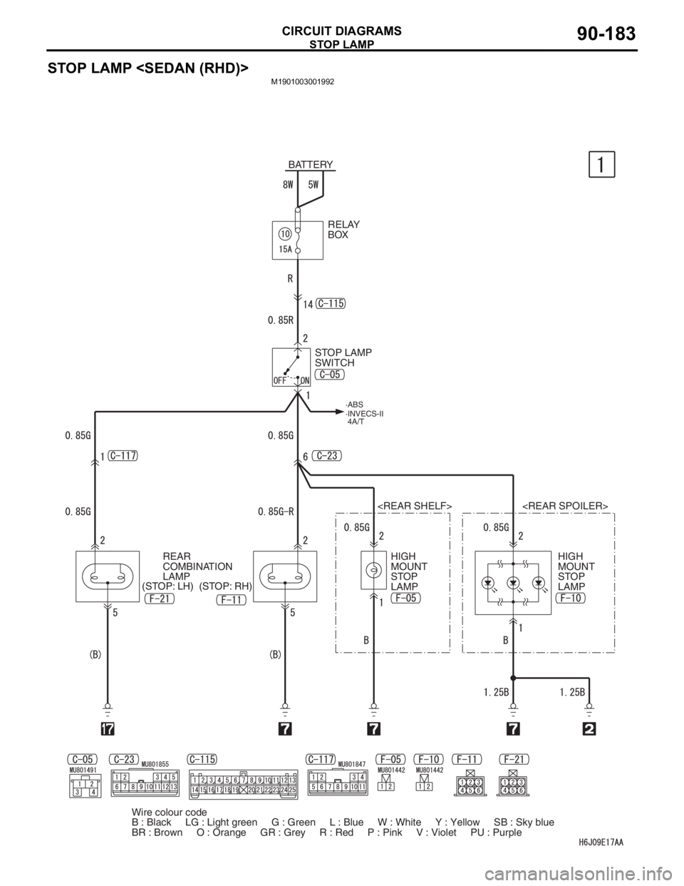 MITSUBISHI LANCER 2006  Workshop Manual STOP LAMP
CIRCUIT DIAGRAMS90-183
STOP LAMP <SEDAN (RHD)>
M1901003001992
BATTERY
STOP LAMP 
SWITCHRELAY 
BOX
<REAR SHELF> <REAR SPOILER>
HIGH 
MOUNT 
STOP 
LAMPHIGH 
MOUNT 
STOP 
LAMP
·ABS
·INVECS-II