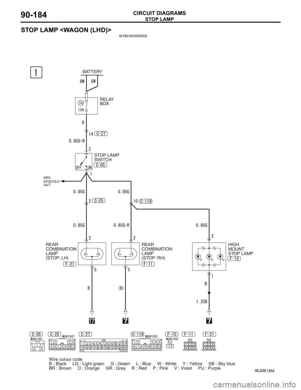 MITSUBISHI LANCER 2006  Workshop Manual STOP LAMP
CIRCUIT DIAGRAMS90-184
STOP LAMP <WAGON (LHD)>
M1901003002003
BATTERY
STOP LAMP 
SWITCHRELAY 
BOX
HIGH 
MOUNT 
STOP LAMP REAR 
COMBINATION 
LAMP 
(STOP: LH)REAR 
COMBINATION 
LAMP 
(STOP: RH