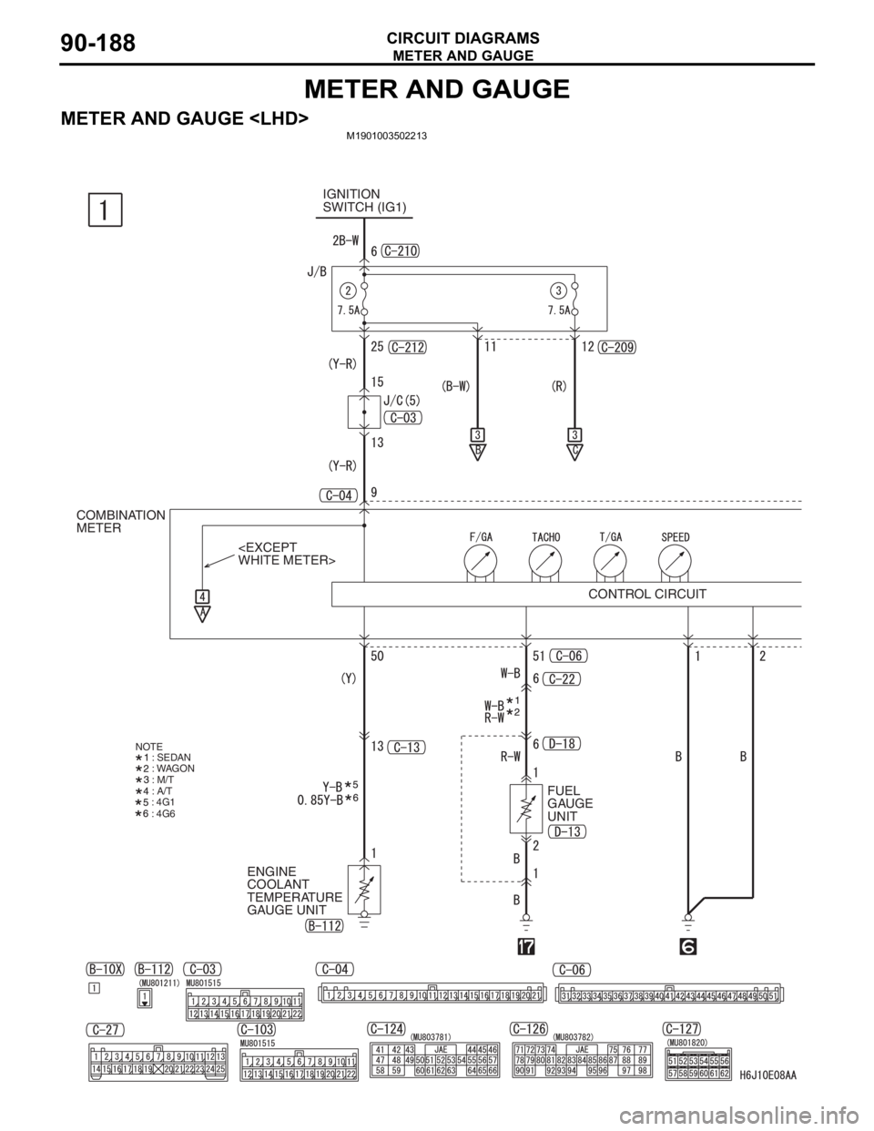 MITSUBISHI LANCER 2006 Owners Manual METER AND GAUGE
CIRCUIT DIAGRAMS90-188
METER AND GAUGE
METER AND GAUGE <LHD>M1901003502213
IGNITION
SWITCH (IG1)
COMBINATION
METER
CONTROL CIRCUIT
ENGINE
COOLANT
TEMPERATURE
GAUGE UNITFUEL
GAUGE MITSUBISHI LANCER 2006 Owners Manual METER AND GAUGE
CIRCUIT DIAGRAMS90-188
METER AND GAUGE
METER AND GAUGE <LHD>M1901003502213
IGNITION
SWITCH (IG1)
COMBINATION
METER
CONTROL CIRCUIT
ENGINE
COOLANT
TEMPERATURE
GAUGE UNITFUEL
GAUGE