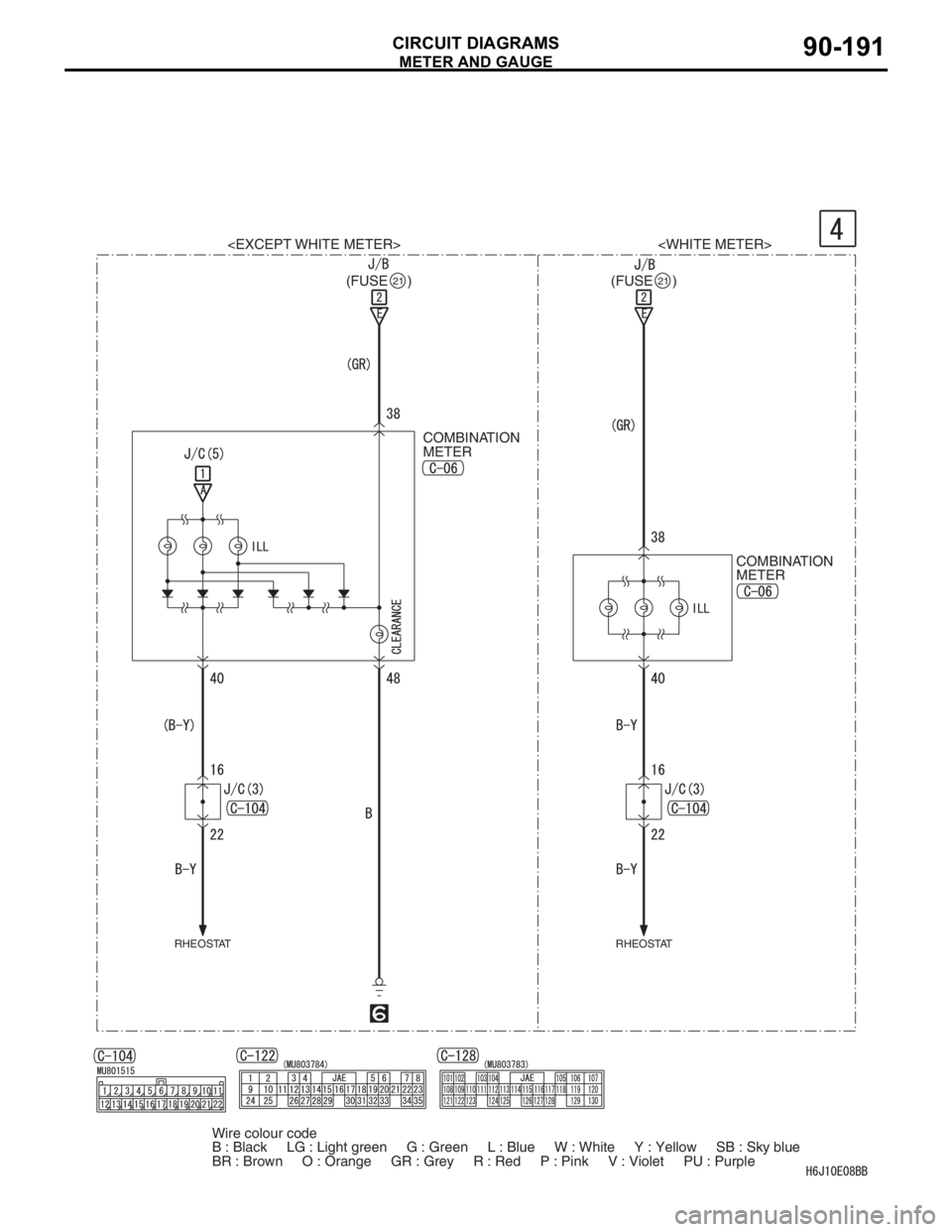MITSUBISHI LANCER 2006 Repair Manual METER AND GAUGE
CIRCUIT DIAGRAMS90-191
COMBINATION 
METER
COMBINATION 
METER
RHEOSTATRHEOSTAT
<EXCEPT WHITE METER> <WHITE METER>
(FUSE     )
21(FUSE     )21
Wire colour code
B : Black     LG : Light g