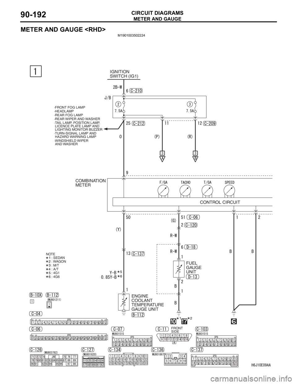 MITSUBISHI LANCER 2006 Repair Manual METER AND GAUGE
CIRCUIT DIAGRAMS90-192
METER AND GAUGE <RHD>
M1901003502224
IGNITION 
SWITCH (IG1)
COMBINATION 
METER
CONTROL CIRCUIT
ENGINE 
COOLANT 
TEMPERATURE 
GAUGE UNITFUEL 
GAUGE 
UNIT
NOTE
: S