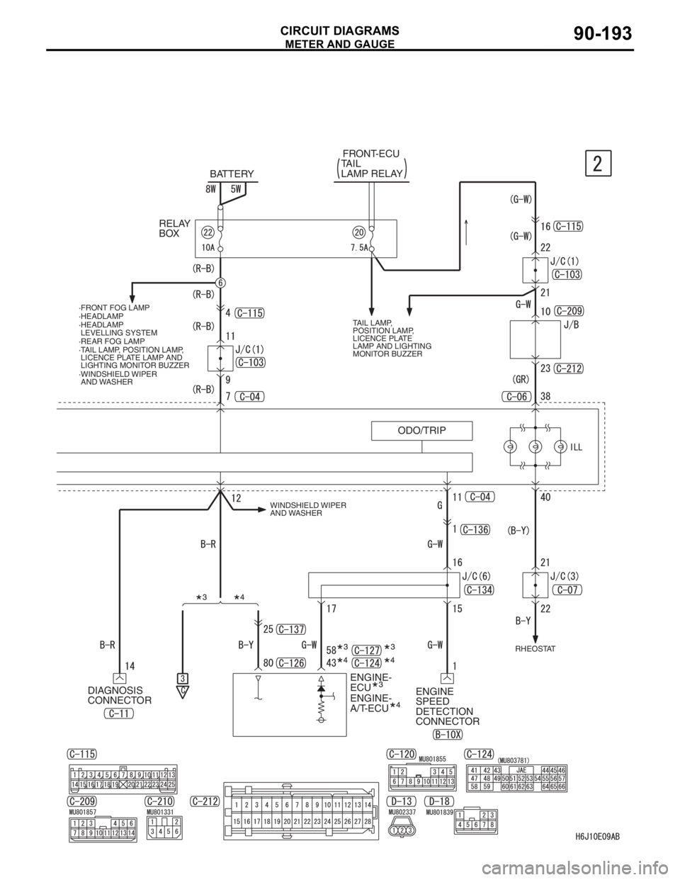 MITSUBISHI LANCER 2006 Repair Manual METER AND GAUGE
CIRCUIT DIAGRAMS90-193
DIAGNOSIS 
CONNECTOR
RELAY 
BOXBATTERYFRONT-ECU
TAIL 
LAMP RELAY
TAIL LAMP,
POSITION LAMP,
LICENCE PLATE 
LAMP AND LIGHTING 
MONITOR BUZZER
ODO/TRIP
ENGINE 
SPEE