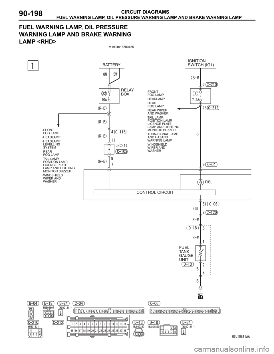 MITSUBISHI LANCER 2006 Repair Manual FUEL WARNING LAMP, OIL PRESSURE WARNING LAMP AND BRAKE WARNING LAMP
CIRCUIT DIAGRAMS90-198
FUEL WARNING LAMP, OIL PRESSURE 
WARNING LAMP AND BRAKE WARNING 
LAMP <RHD>
M1901018700455
RELAY 
BOX BATTERY
