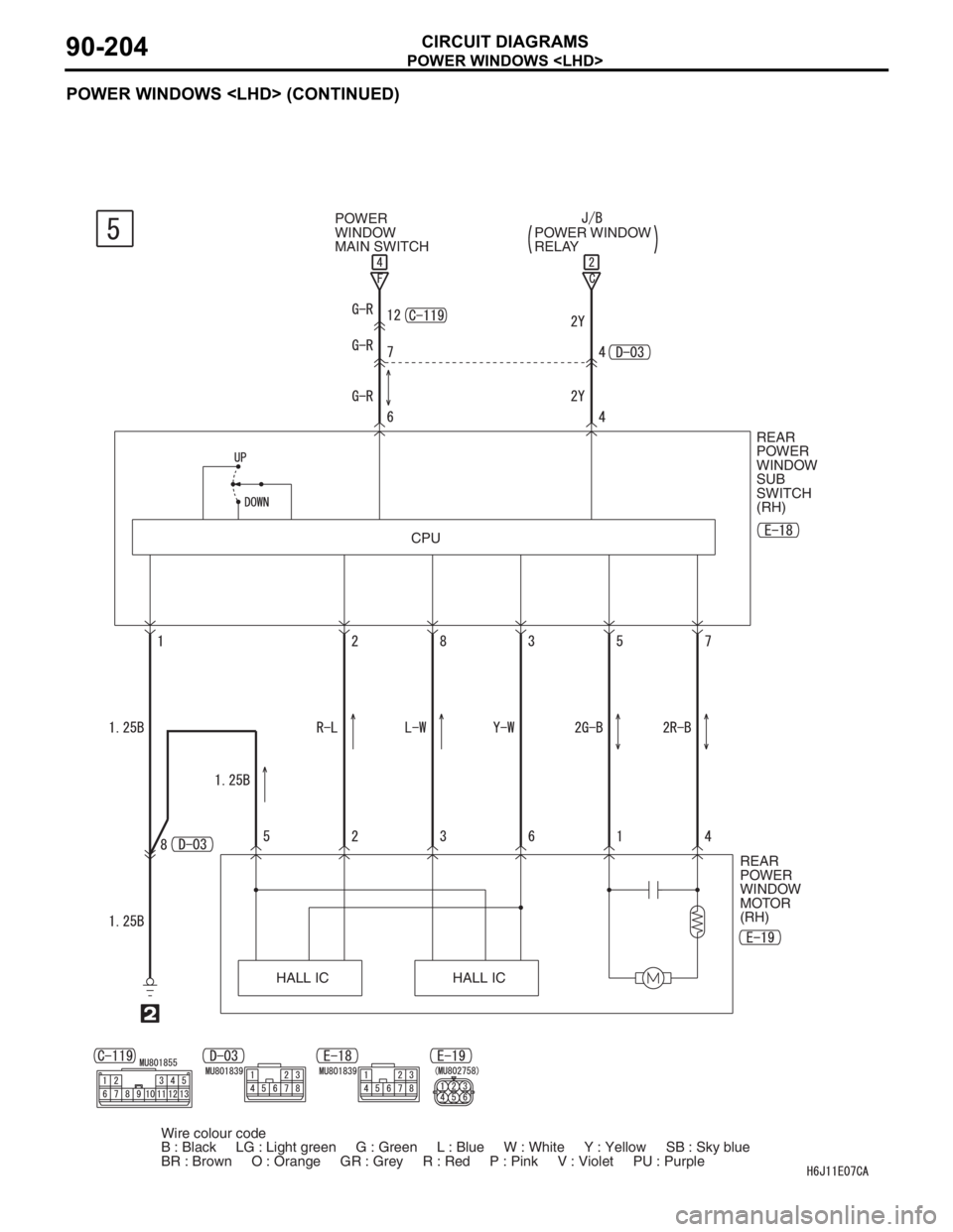 MITSUBISHI LANCER 2006  Workshop Manual POWER WINDOWS <LHD>
CIRCUIT DIAGRAMS90-204
POWER WINDOWS <LHD> (CONTINUED)
POWER 
WINDOW 
MAIN SWITCH
CPU
HALL IC HALL ICREAR 
POWER 
WINDOW 
MOTOR 
(RH) POWER WINDOW 
RELAY
REAR
POWER 
WINDOW 
SUB 
S
