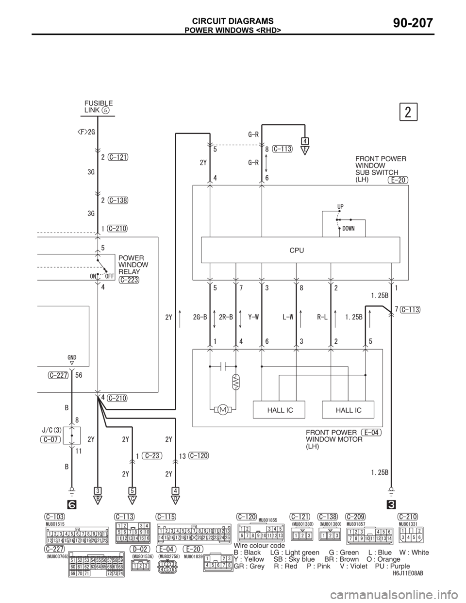 MITSUBISHI LANCER 2006  Workshop Manual POWER WINDOWS <RHD>
CIRCUIT DIAGRAMS90-207
FUSIBLE 
LINK5
FRONT POWER 
WINDOW MOTOR 
(LH) POWER 
WINDOW 
RELAYFRONT POWER 
WINDOW 
SUB SWITCH 
(LH)
CPU
HALL IC HALL IC
Wire colour code
B : Black     L