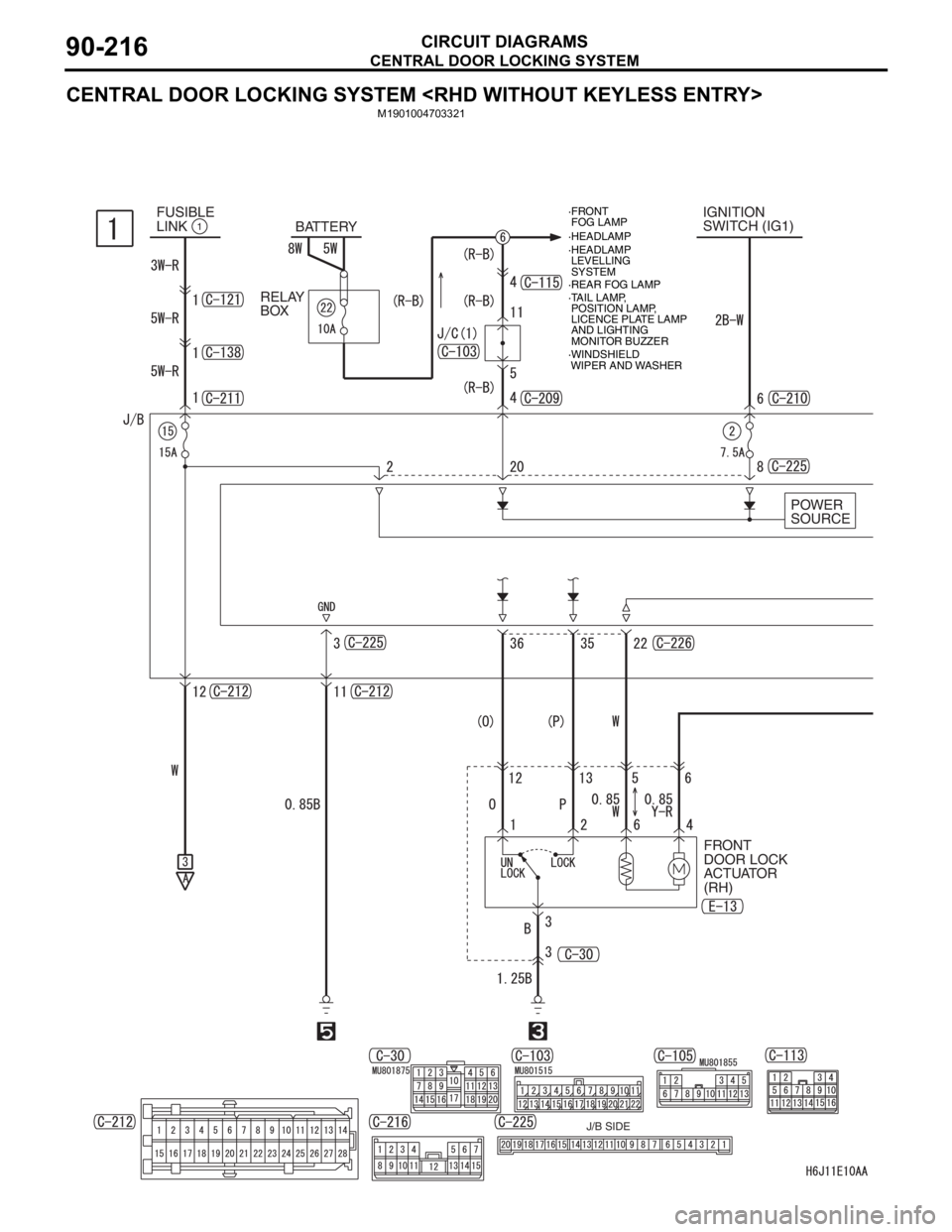 MITSUBISHI LANCER 2006 Manual PDF CENTRAL DOOR LOCKING SYSTEM
CIRCUIT DIAGRAMS90-216
CENTRAL DOOR LOCKING SYSTEM <RHD WITHOUT KEYLESS ENTRY>
M1901004703321
IGNITION
SWITCH (IG1)
BATTERY
POWER 
SOURCE FUSIBLE
LINK1
FRONT
DOOR LOCK
ACTU
