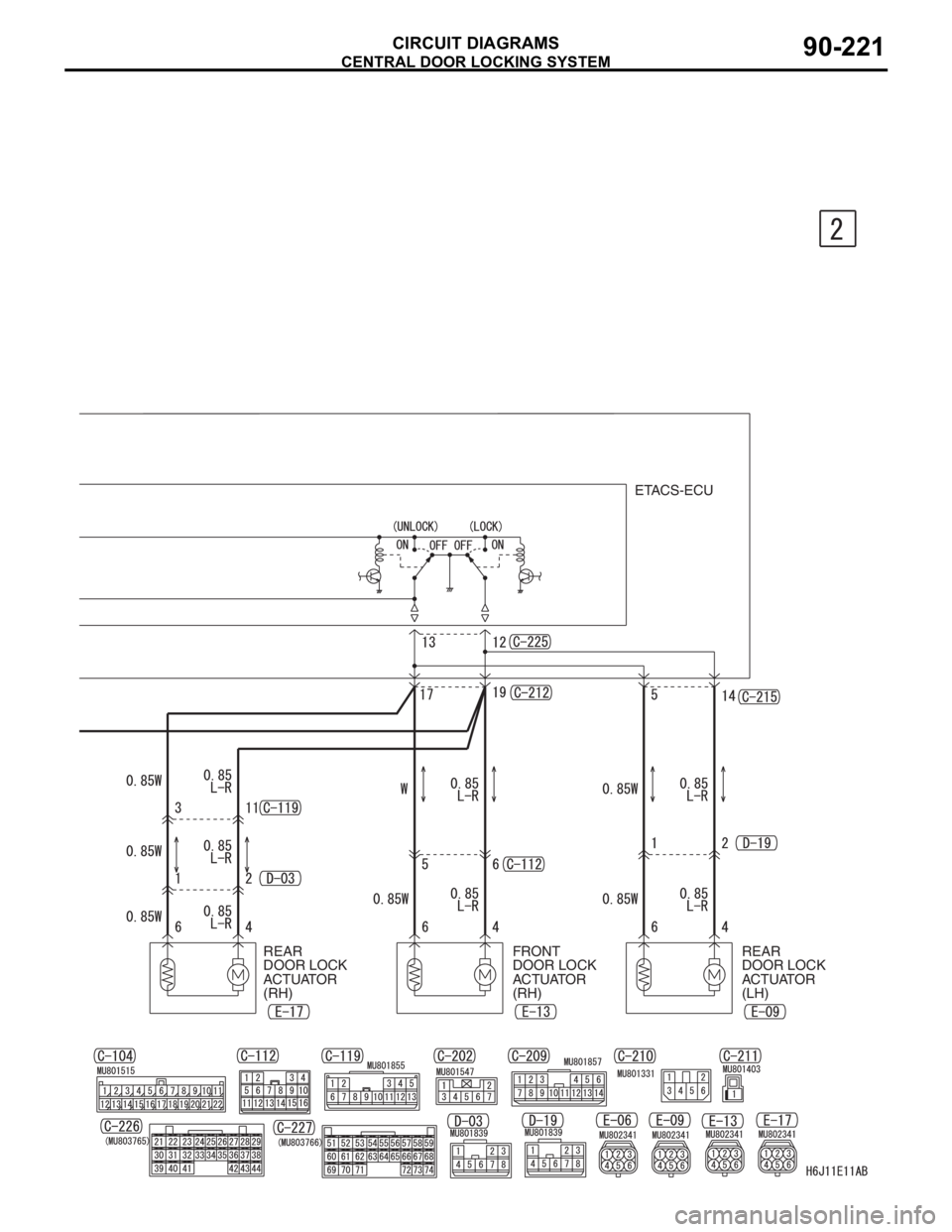MITSUBISHI LANCER 2006  Workshop Manual CENTRAL DOOR LOCKING SYSTEM
CIRCUIT DIAGRAMS90-221
FRONT
DOOR LOCK
ACTUATOR 
(RH)REAR
DOOR LOCK
ACTUATOR 
(LH) ETACS-ECU
REAR
DOOR LOCK
ACTUATOR 
(RH) 