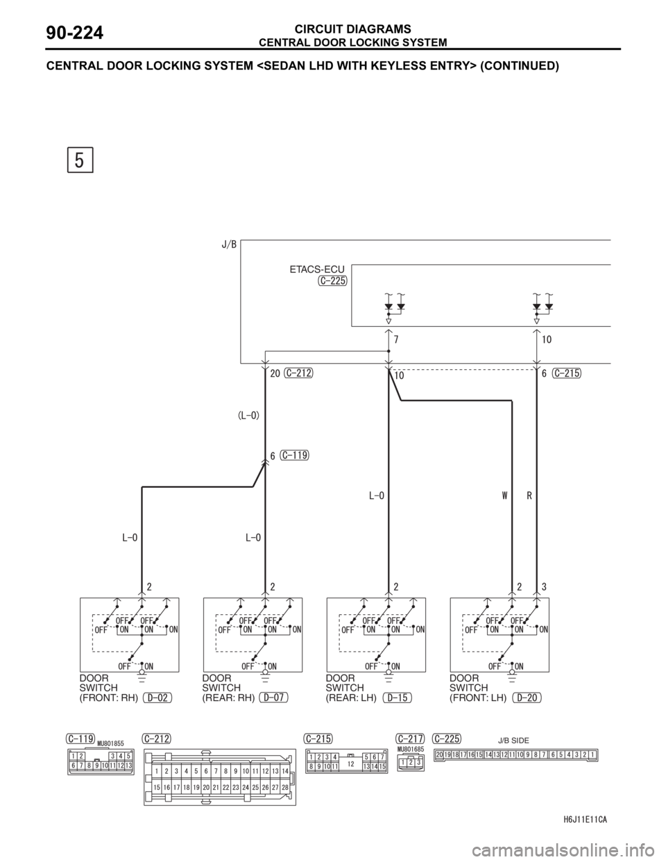 MITSUBISHI LANCER 2006 Service Manual CENTRAL DOOR LOCKING SYSTEM
CIRCUIT DIAGRAMS90-224
CENTRAL DOOR LOCKING SYSTEM <SEDAN LHD WITH KEYLESS ENTRY> (CONTINUED)
J/B SIDE
ETACS-ECU
DOOR 
SWITCH 
(FRONT: RH)DOOR 
SWITCH 
(REAR: RH)DOOR 
SWIT