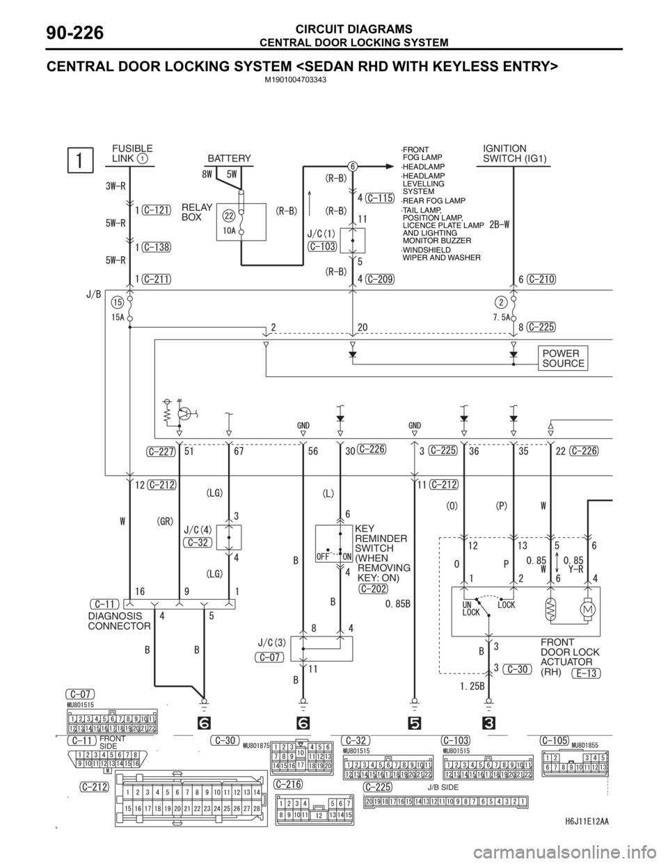 MITSUBISHI LANCER 2006 Manual PDF CENTRAL DOOR LOCKING SYSTEM
CIRCUIT DIAGRAMS90-226
CENTRAL DOOR LOCKING SYSTEM <SEDAN RHD WITH KEYLESS ENTRY>
M1901004703343
IGNITION 
SWITCH (IG1) BATTERY
POWER 
SOURCE FUSIBLE 
LINK1
FRONT 
SIDE
FRO