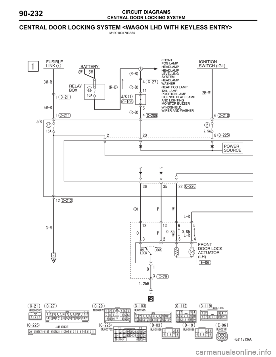MITSUBISHI LANCER 2006 Manual PDF CENTRAL DOOR LOCKING SYSTEM
CIRCUIT DIAGRAMS90-232
CENTRAL DOOR LOCKING SYSTEM <WAGON LHD WITH KEYLESS ENTRY>
M1901004703354
IGNITION
SWITCH (IG1)
BATTERY
POWER 
SOURCE FUSIBLE
LINK1
FRONT
DOOR LOCK
A