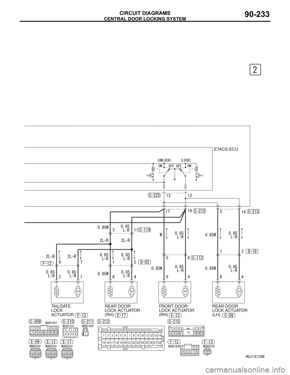 MITSUBISHI LANCER 2006 Owners Manual CENTRAL DOOR LOCKING SYSTEM
CIRCUIT DIAGRAMS90-233
FRONT DOOR 
LOCK ACTUATOR 
(RH)REAR DOOR 
LOCK ACTUATOR 
(LH)ETACS-ECU
REAR DOOR 
LOCK ACTUATOR 
(RH) TAILGATE 
LOCK 
ACTUATOR 