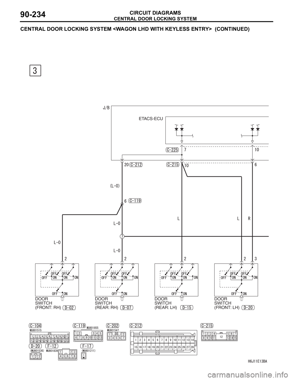 MITSUBISHI LANCER 2006 Repair Manual CENTRAL DOOR LOCKING SYSTEM
CIRCUIT DIAGRAMS90-234
CENTRAL DOOR LOCKING SYSTEM <WAGON LHD WITH KEYLESS ENTRY>  (CONTINUED)
ETACS-ECU
DOOR 
SWITCH 
(FRONT: RH)DOOR 
SWITCH 
(REAR: RH)DOOR 
SWITCH 
(REA