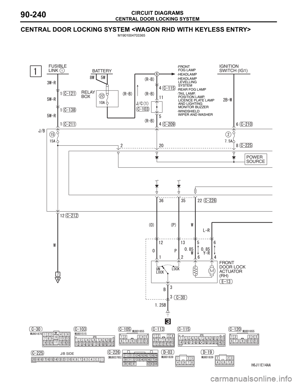 MITSUBISHI LANCER 2006 Manual PDF CENTRAL DOOR LOCKING SYSTEM
CIRCUIT DIAGRAMS90-240
CENTRAL DOOR LOCKING SYSTEM <WAGON RHD WITH KEYLESS ENTRY>
M1901004703365
IGNITION
SWITCH (IG1)
BATTERY
POWER 
SOURCE FUSIBLE
LINK1
FRONT
DOOR LOCK
A
