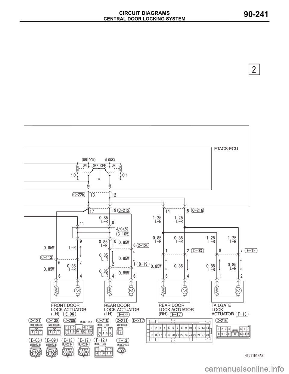 MITSUBISHI LANCER 2006 Owners Guide CENTRAL DOOR LOCKING SYSTEM
CIRCUIT DIAGRAMS90-241
FRONT DOOR
LOCK ACTUATOR
(LH)REAR DOOR
LOCK ACTUATOR
(LH)ETACS-ECU
REAR DOOR
LOCK ACTUATOR
(RH)TAILGATE
LOCK
ACTUATOR MITSUBISHI LANCER 2006 Owners Guide CENTRAL DOOR LOCKING SYSTEM
CIRCUIT DIAGRAMS90-241
FRONT DOOR
LOCK ACTUATOR
(LH)REAR DOOR
LOCK ACTUATOR
(LH)ETACS-ECU
REAR DOOR
LOCK ACTUATOR
(RH)TAILGATE
LOCK
ACTUATOR
