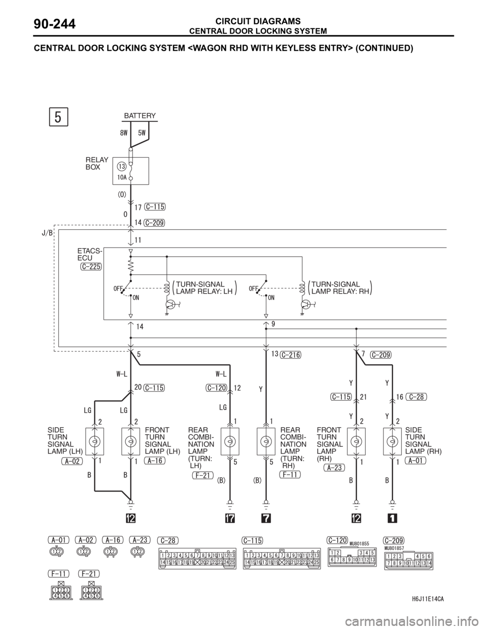 MITSUBISHI LANCER 2006  Workshop Manual CENTRAL DOOR LOCKING SYSTEM
CIRCUIT DIAGRAMS90-244
CENTRAL DOOR LOCKING SYSTEM <WAGON RHD WITH KEYLESS ENTRY> (CONTINUED)
BATTERY
RELAY 
BOX
SIDE 
TURN 
SIGNAL 
LAMP (LH)ETACS- 
ECU
FRONT 
TURN 
SIGNA
