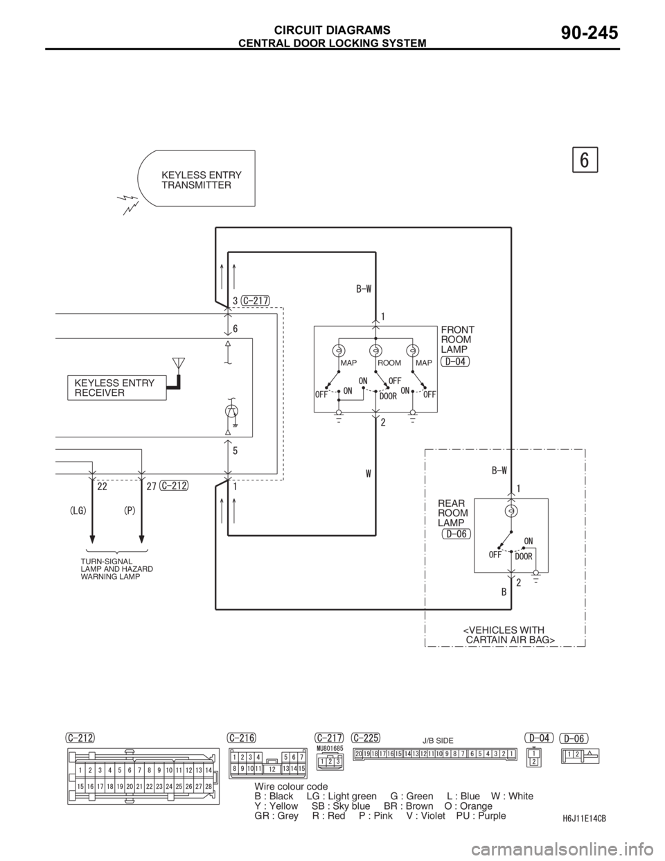 MITSUBISHI LANCER 2006 Repair Manual CENTRAL DOOR LOCKING SYSTEM
CIRCUIT DIAGRAMS90-245
TURN-SIGNAL
LAMP AND HAZARD
WARNING LAMP
KEYLESS ENTRY
RECEIVERKEYLESS ENTRY
TRANSMITTER
J/B SIDE
FRONT
ROOM
LAMP
REAR
ROOM
LAMP
<VEHICLES WI MITSUBISHI LANCER 2006 Repair Manual CENTRAL DOOR LOCKING SYSTEM
CIRCUIT DIAGRAMS90-245
TURN-SIGNAL
LAMP AND HAZARD
WARNING LAMP
KEYLESS ENTRY
RECEIVERKEYLESS ENTRY
TRANSMITTER
J/B SIDE
FRONT
ROOM
LAMP
REAR
ROOM
LAMP
<VEHICLES WI