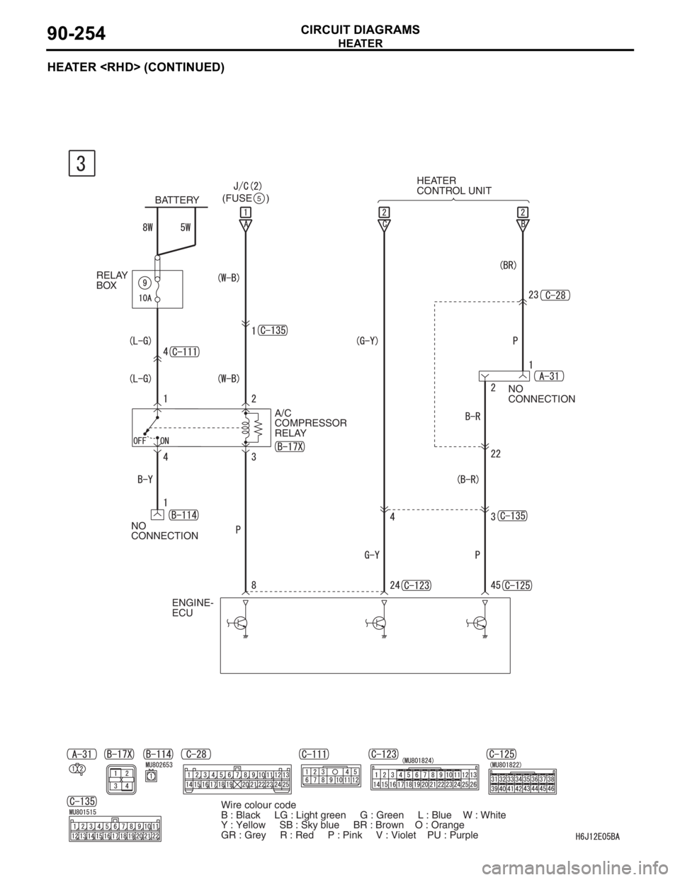MITSUBISHI LANCER 2006  Workshop Manual HEATER
CIRCUIT DIAGRAMS90-254
HEATER <RHD> (CONTINUED)
A/C 
COMPRESSOR 
RELAY
ENGINE-
ECUHEATER 
CONTROL UNIT
NO 
CONNECTION BATTERY
RELAY 
BOX
NO 
CONNECTION(FUSE     )
5
Wire colour code
B : Black  
