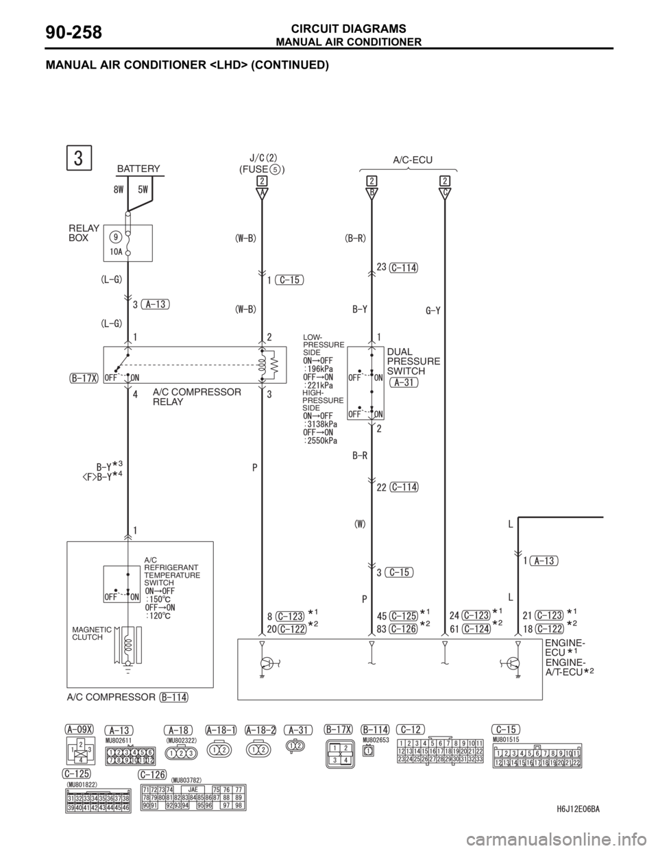 MITSUBISHI LANCER 2006  Workshop Manual MANUAL AIR CONDITIONER
CIRCUIT DIAGRAMS90-258
MANUAL AIR CONDITIONER <LHD> (CONTINUED)
BATTERYA/C-ECU
RELAY
BOX
A/C COMPRESSOR
RELAY
A/C COMPRESSOR
A/C
REFRIGERANT
TEMPERATURE
SWITCH
MAGNETIC
CLUTCHLO